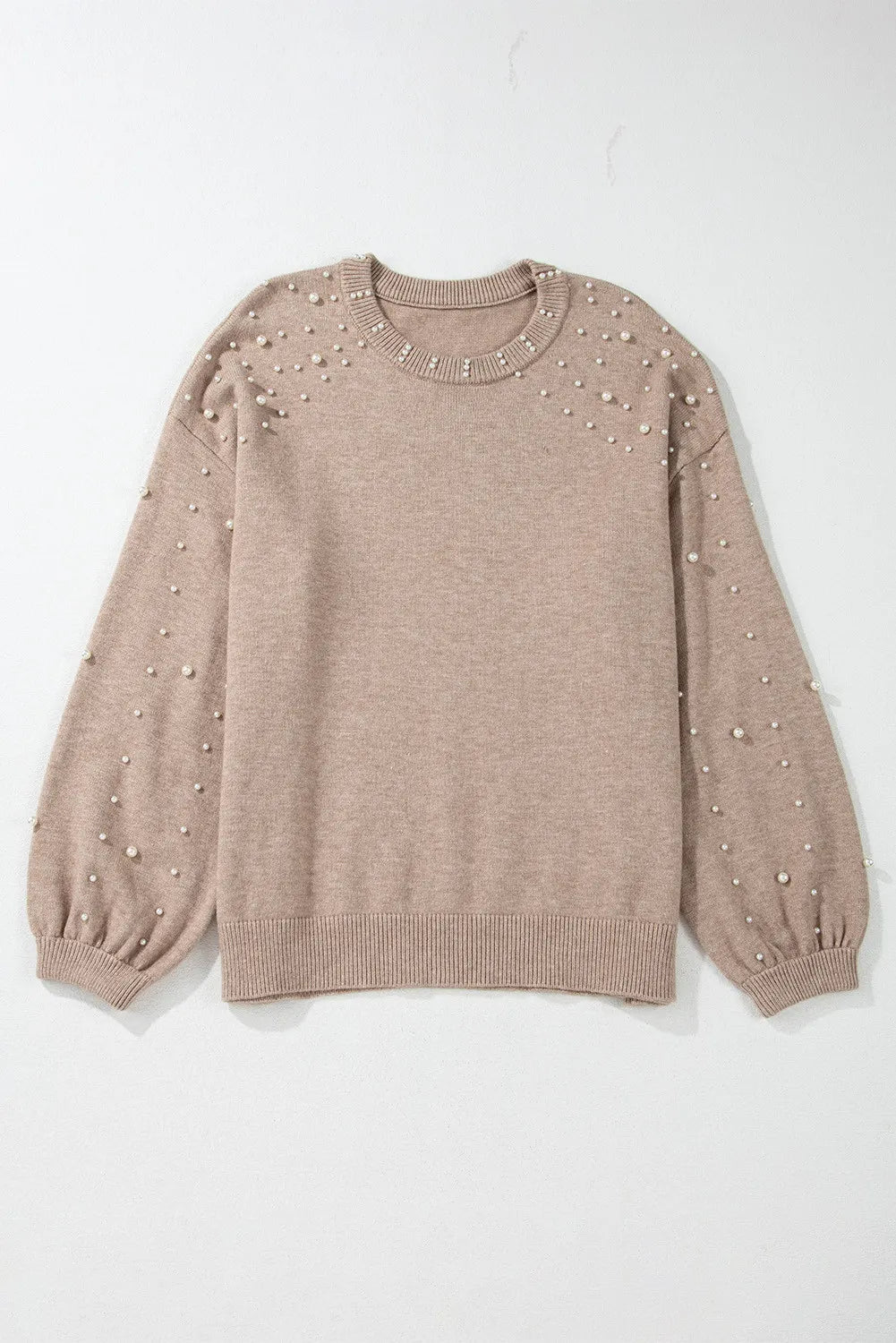 Plus Size Women's Pearl Embellished Round Neck Long Sleeve Knit Sweater - Elegant Winter Fashion for Office & Holiday Parties