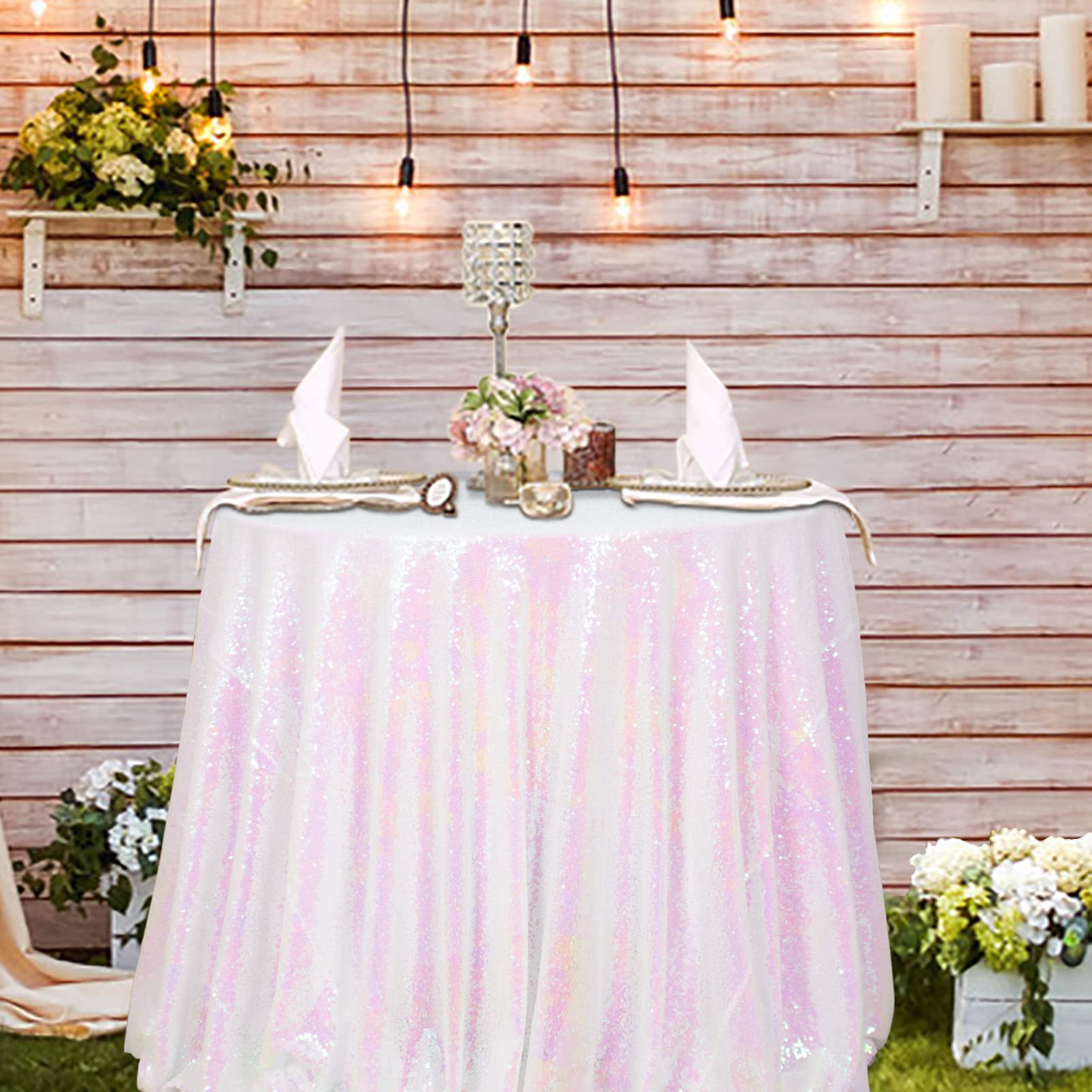 72 Inch Round Sequin Tablecloth - Iridescent White Glitter Table Cover for Parties, Weddings & Thanksgiving | Sparkling Dining Room & Dessert Table Decor