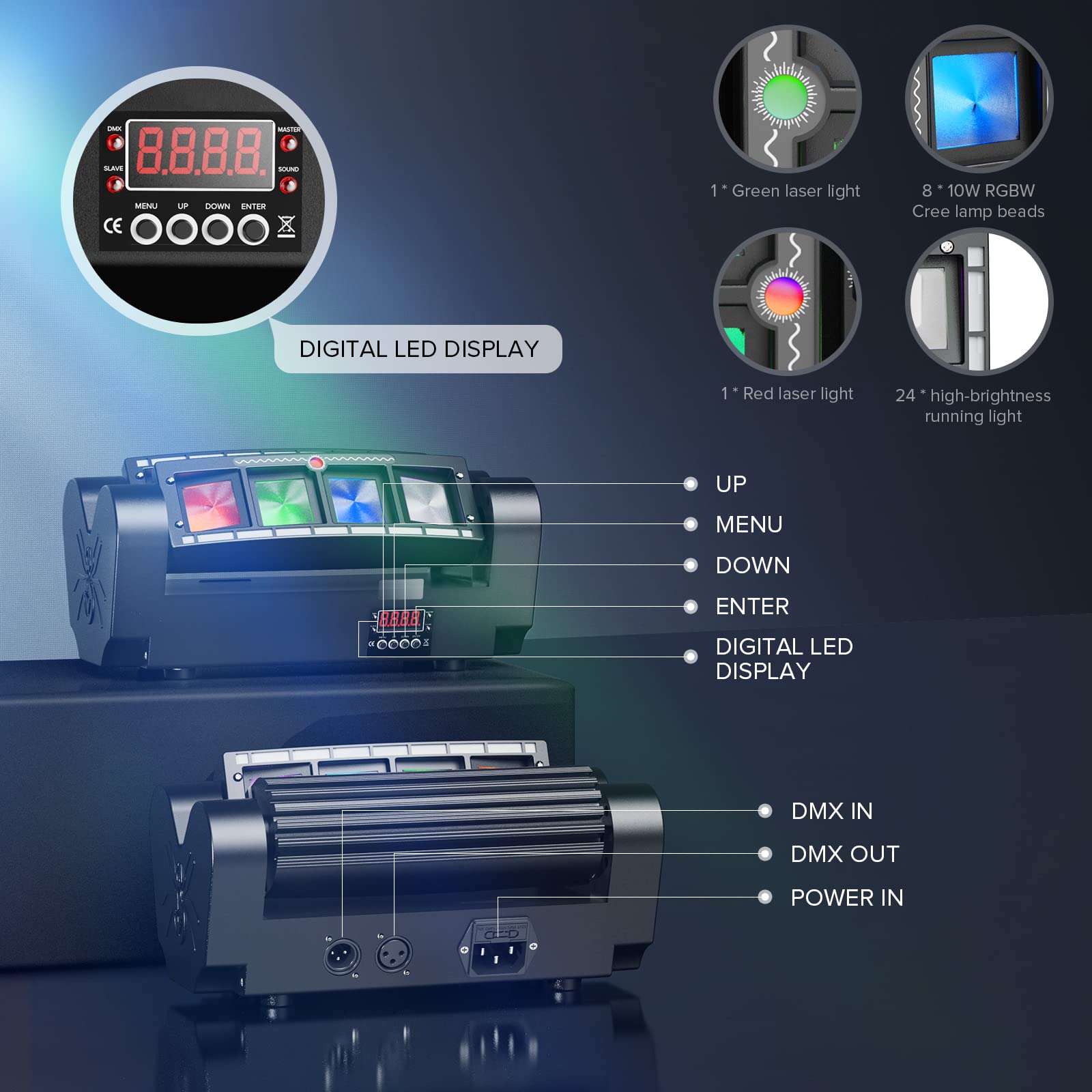 U'King 3-in-1 Spider Moving Head Light with 8x10W RGBW LEDs, Pixel & Laser Lights - DMX-512/Sound Activated DJ Lighting for Stage, Party, Disco, Wedding & Live Events (New Version) | Professional Stage Lighting Equipment for Clubs, Concerts & Events