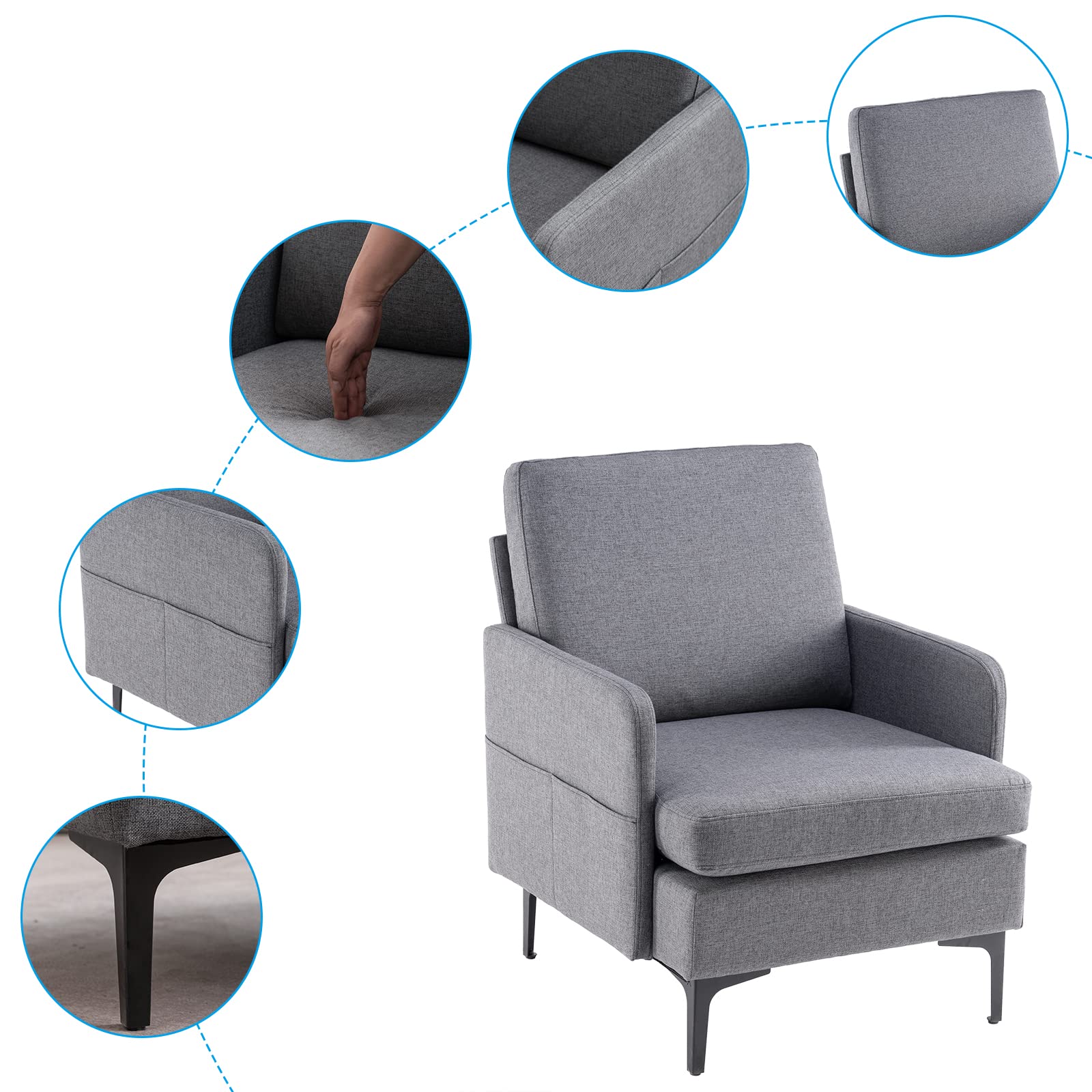 Comfy Dark Grey Lounge Chair - Single Sofa Accent Chair for Bedroom, Living Room & Guestroom - Perfect for Relaxing, Reading & Small Space Decor
