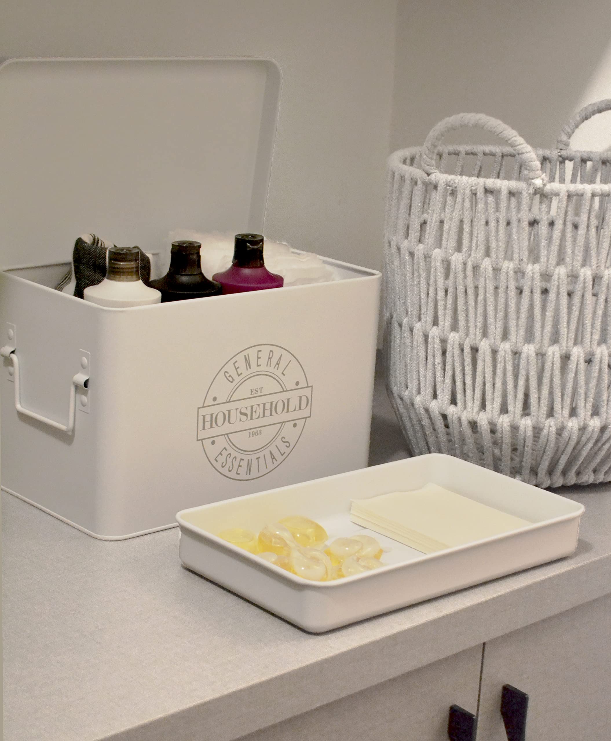 AQ Divided Metal Storage Tin with Hinged Lid & Removable Tray - Organizer Box for First Aid, Medicine, Craft Supplies, Sewing Tools - Matte White & Grey | Perfect for Home, Office & Workshop Organization
