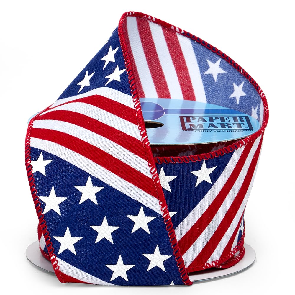 Patriotic Wired Ribbon 2.5 Inch Wide - 10 Yards Red White & Blue Decorative Ribbon for Memorial Day, 4th of July, Labor Day - Perfect for Gift Wrapping, DIY Crafts, Party Decorations & Seasonal Celebrations
