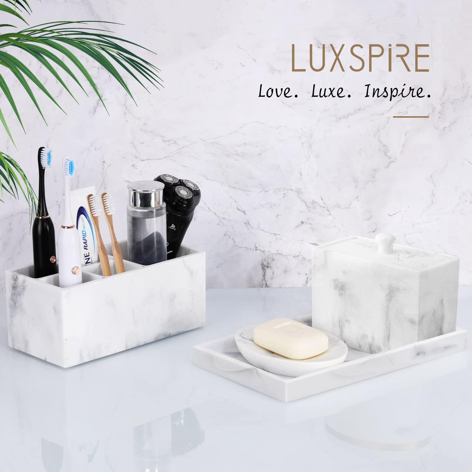 Luxspire White Marble Bathroom Vanity Tray - Resin Jewelry Organizer, Ring Dish & Countertop Storage for Perfume, Candles, Soap, Towels | Bathroom, Dresser & Kitchen Sink Decor | Perfect for Home, Spa & Hotel Use