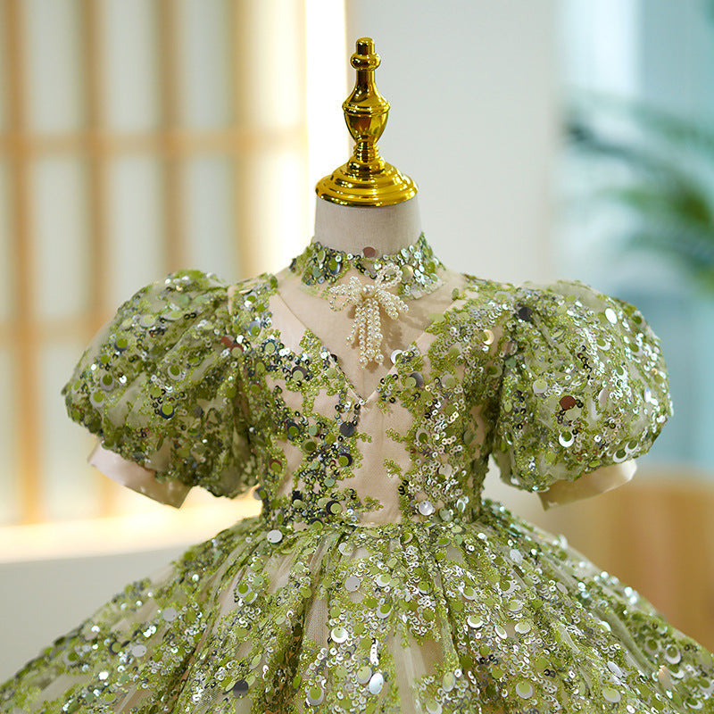 Sage Green Sequin Flower Girl Dress with Puff Sleeves - Elegant Princess Gown for Weddings, Parties & Special Occasions