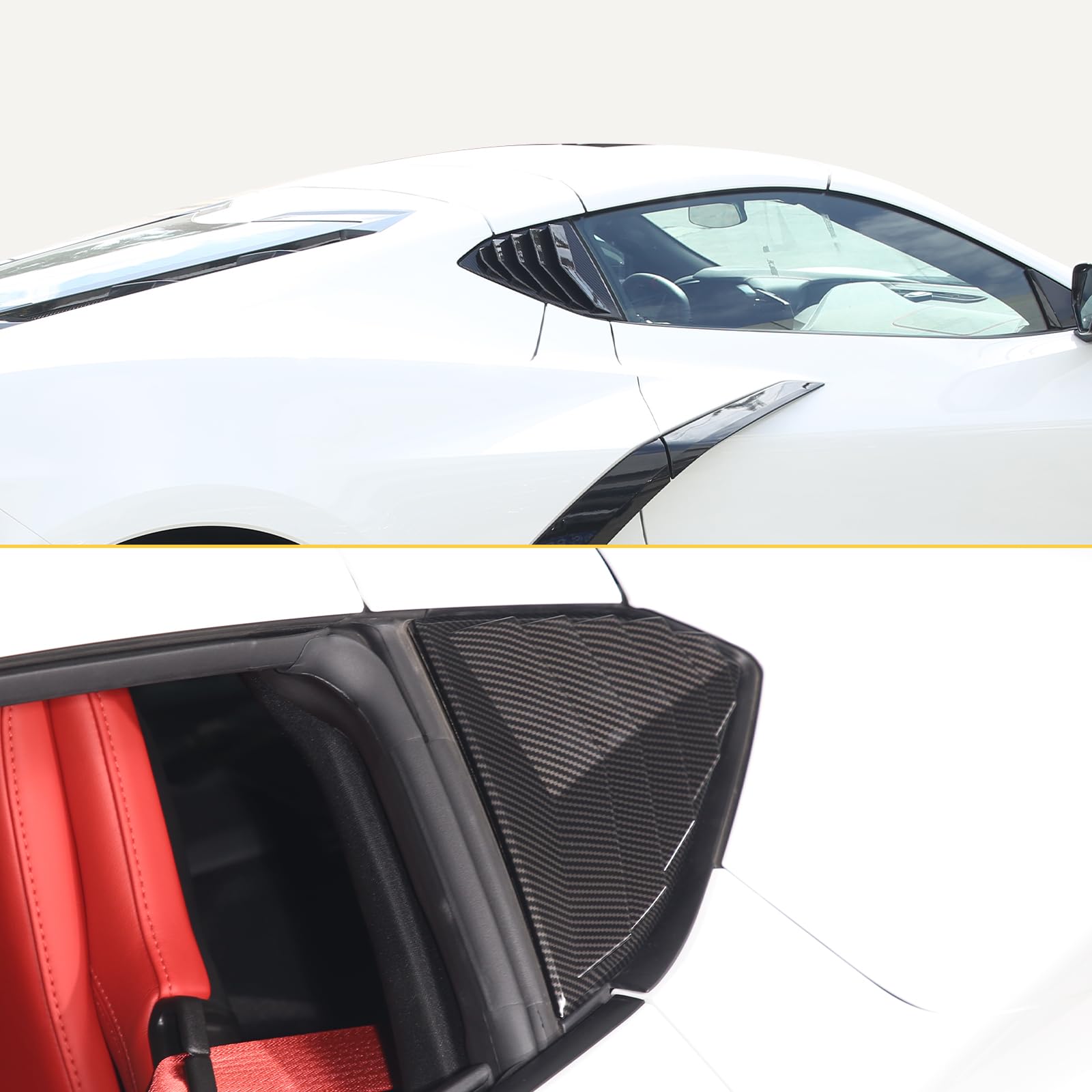 **Corvette C8 Stingray 2020-2023 Rear Side Window Louver Cover - Carbon Fiber Pattern Air Vent Shades & Trim Pair - Enhances Style & Aerodynamics for Sports Car Enthusiasts**