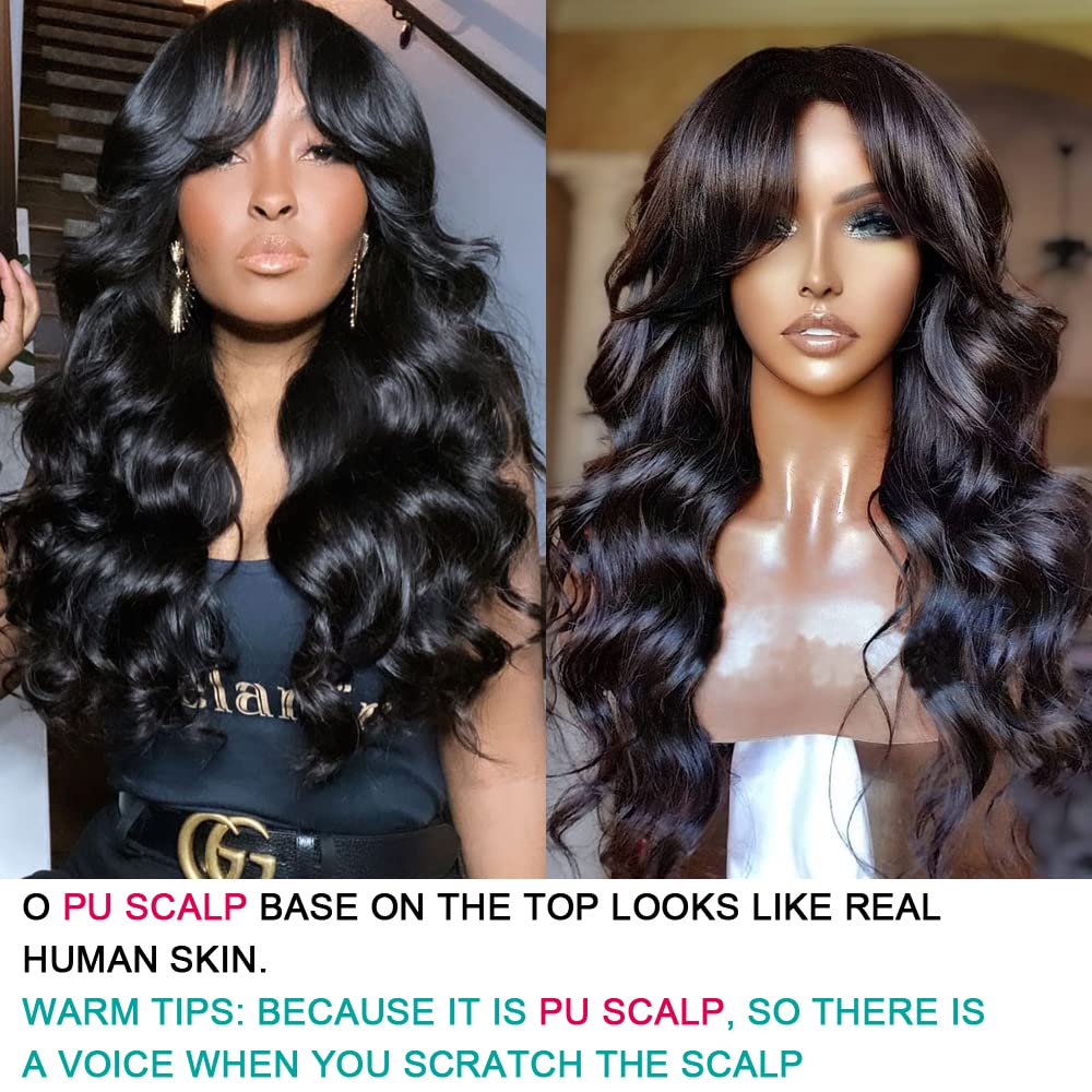 180% Density Brazilian Wavy Human Hair Wig with Bangs for Black Women - O Scalp Top Full Machine Made 24 Inch | Natural Looking Everyday Wear & Special Occasions