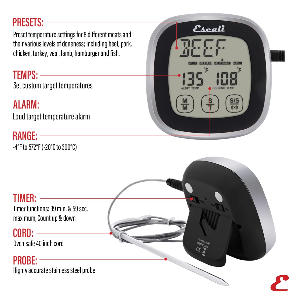 Escali Digital Kitchen Timer with Touch Screen LCD Display, Stainless Steel Probe & Temperature Alert - Oven Safe, Black - Perfect for Baking, Cooking, and Grilling
