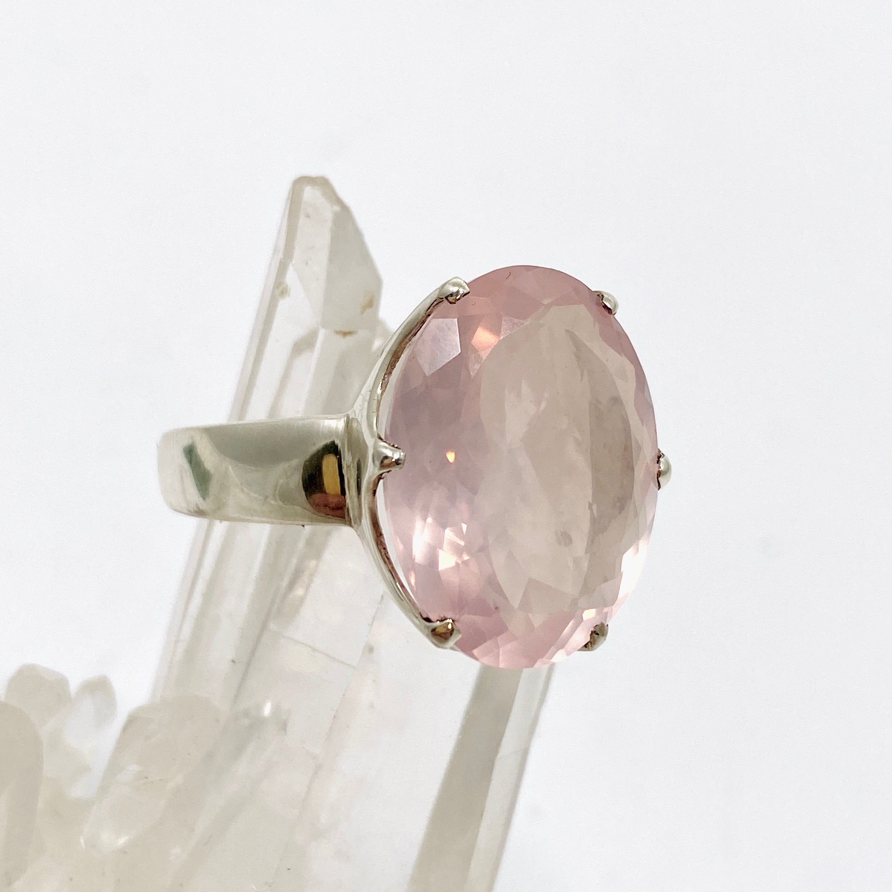 Rose Quartz Oval Faceted Ring Size 12 - Elegant Healing Crystal Jewelry for Women, Perfect for Meditation, Yoga & Spiritual Gifts (PRGJ876)