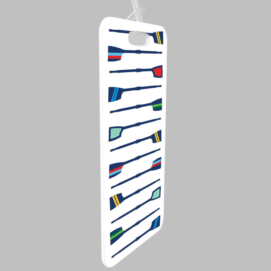 ChalkTalkSPORTS - Medium White Crew Luggage & Bag Tag with Oar Pattern & Custom Info on Back - Perfect for Travel, Sports Teams, and Personalized Identification