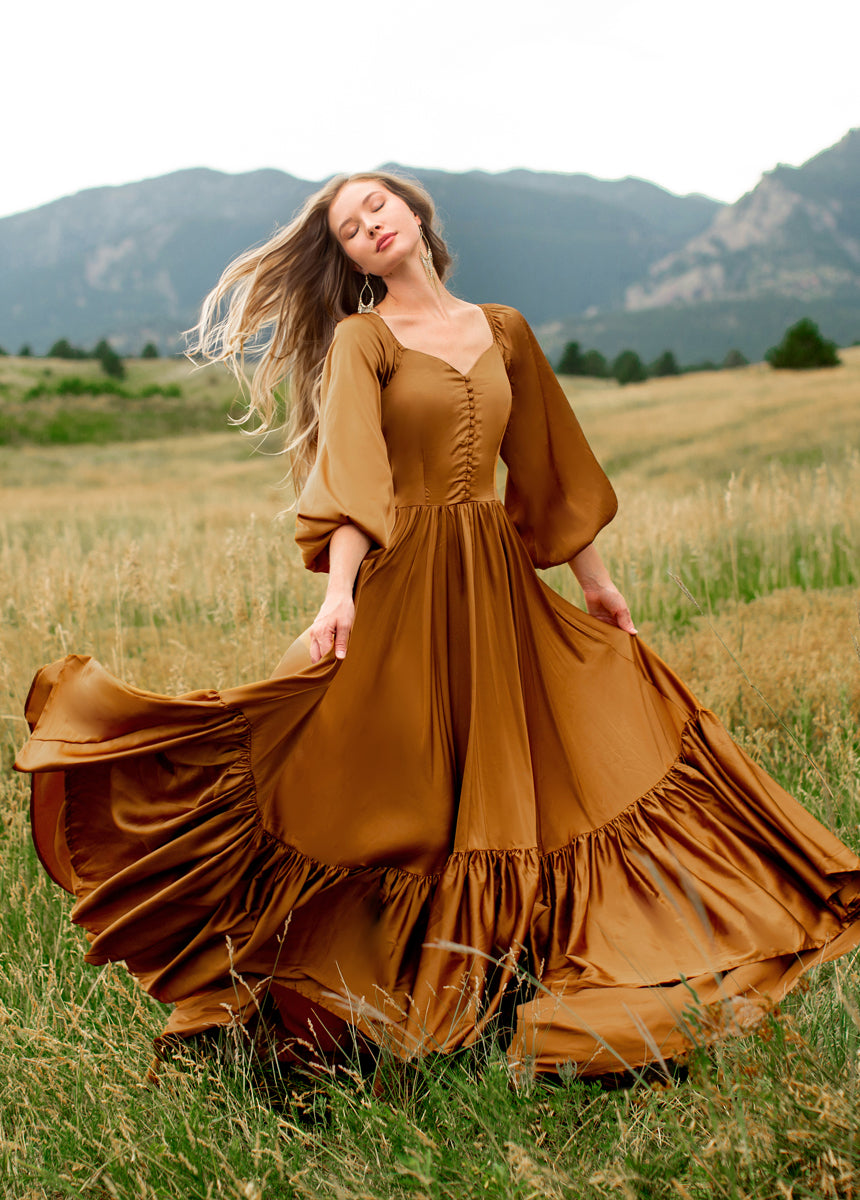 Lorna Impact Dress in Dark Honey - Elegant Women's Flowy Midi Dress for Casual Wear, Date Night & Special Occasions