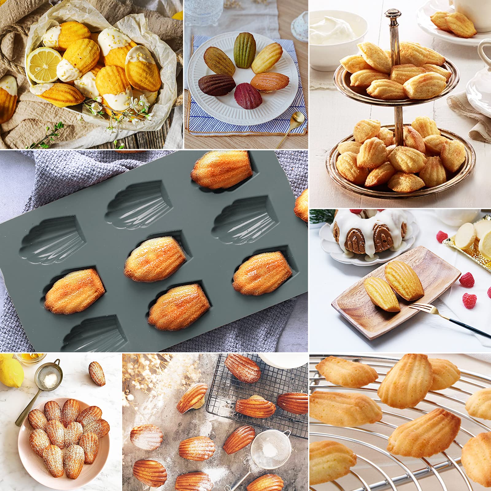 Meajore Madeleine Pan Set of 2 - 9 Cavity Nonstick Silicone Baking Mold for Perfect Madeleine Cookies | Grey | Ideal for Home Baking, Tea Parties & Holiday Treats