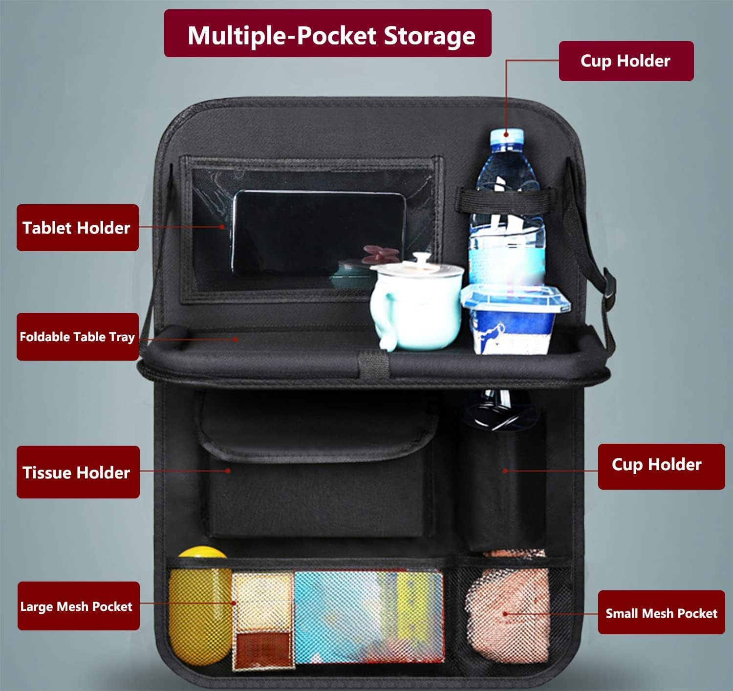 2-Pack Car Backseat Organizer with Foldable Table Tray & Tablet Holder - Waterproof Seat Back Protectors & Kick Mats for Kids - Perfect for Road Trips, School Commutes & Family Travel Accessories