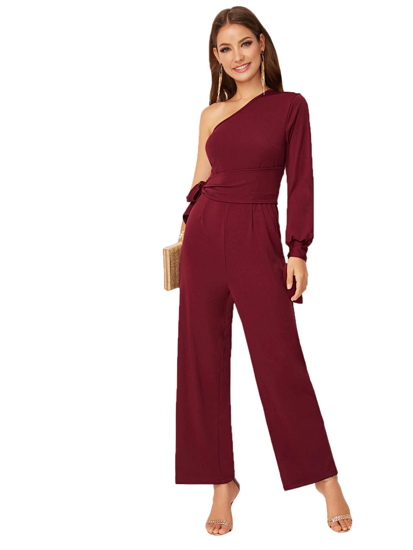 SweatyRocks Women's One Shoulder Tie Waist Wide Leg Jumpsuit - Elegant Long Romper for Summer Beach, Party & Casual Outfits