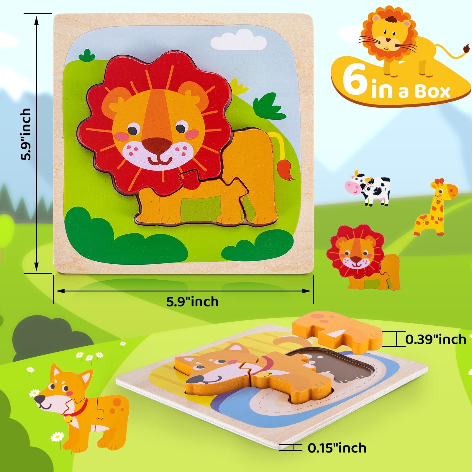 6 Pack Wooden Puzzles for Toddlers 1-3 Years Old - Montessori Educational Toys with Animal Patterns for Boys & Girls, STEM Learning Toys for 2 Year Olds - Perfect for Birthday Gifts, Preschool Learning & Early Childhood Development