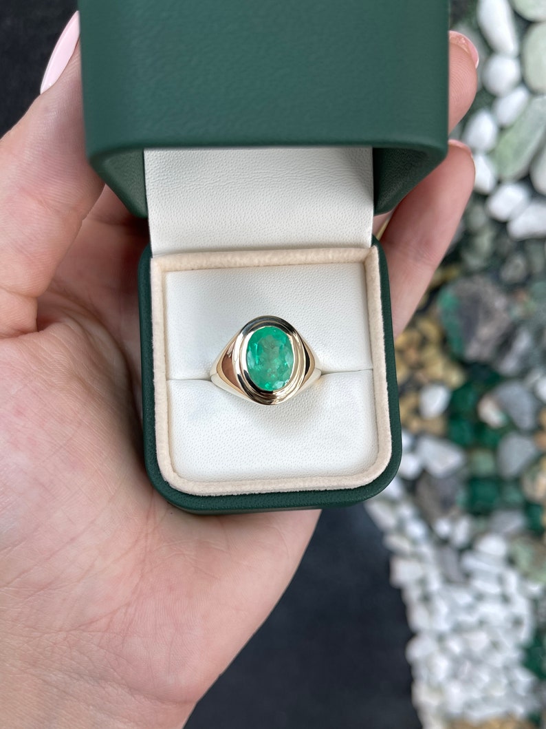 3.78ct 14K Yellow-Green Oval Colombian Emerald Cut Solitaire Ring for Men & Women | Wedding, Engagement, Anniversary Gift Idea