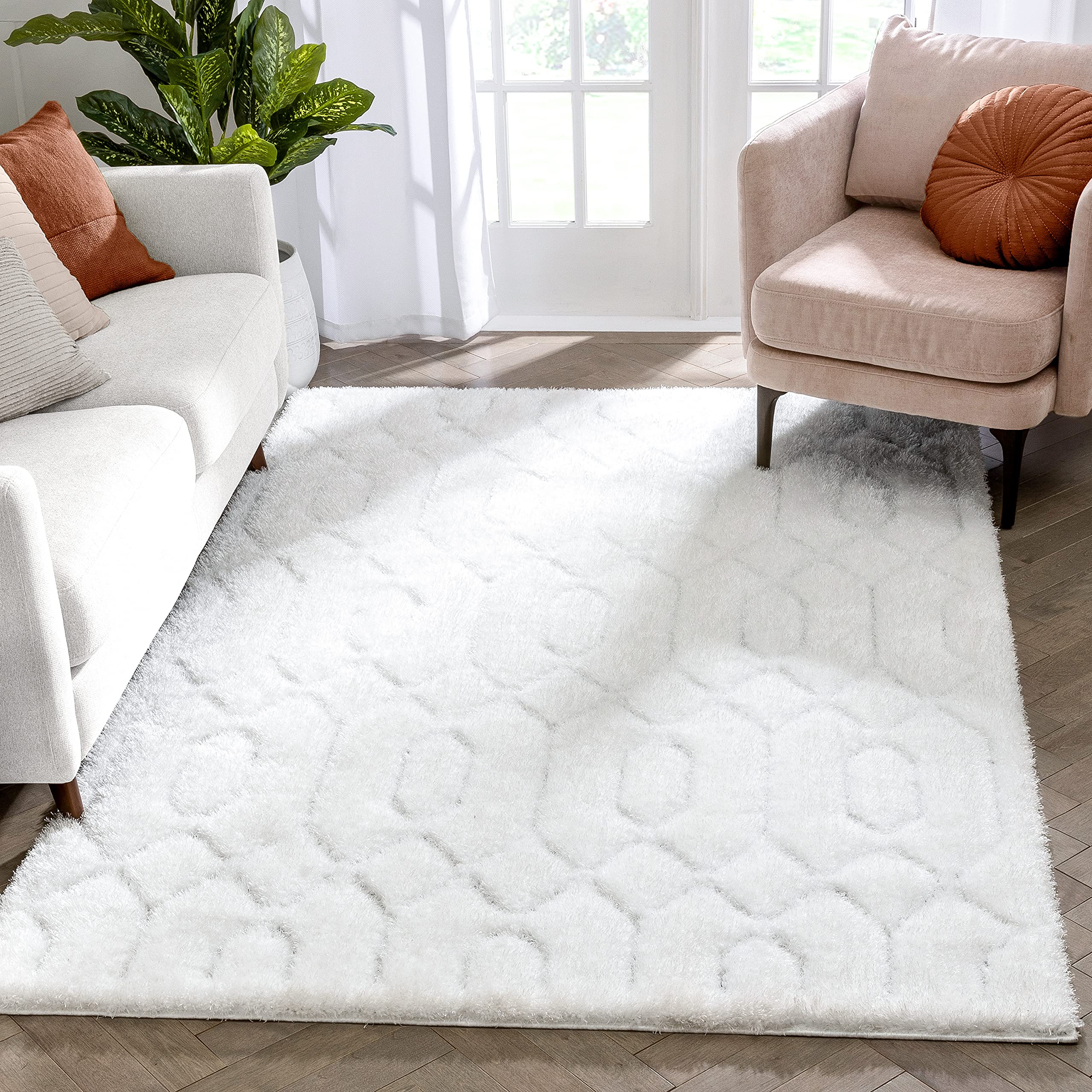 Well Woven Waina Ivory Geometric Shag Area Rug 5x7 (5' x 7'3