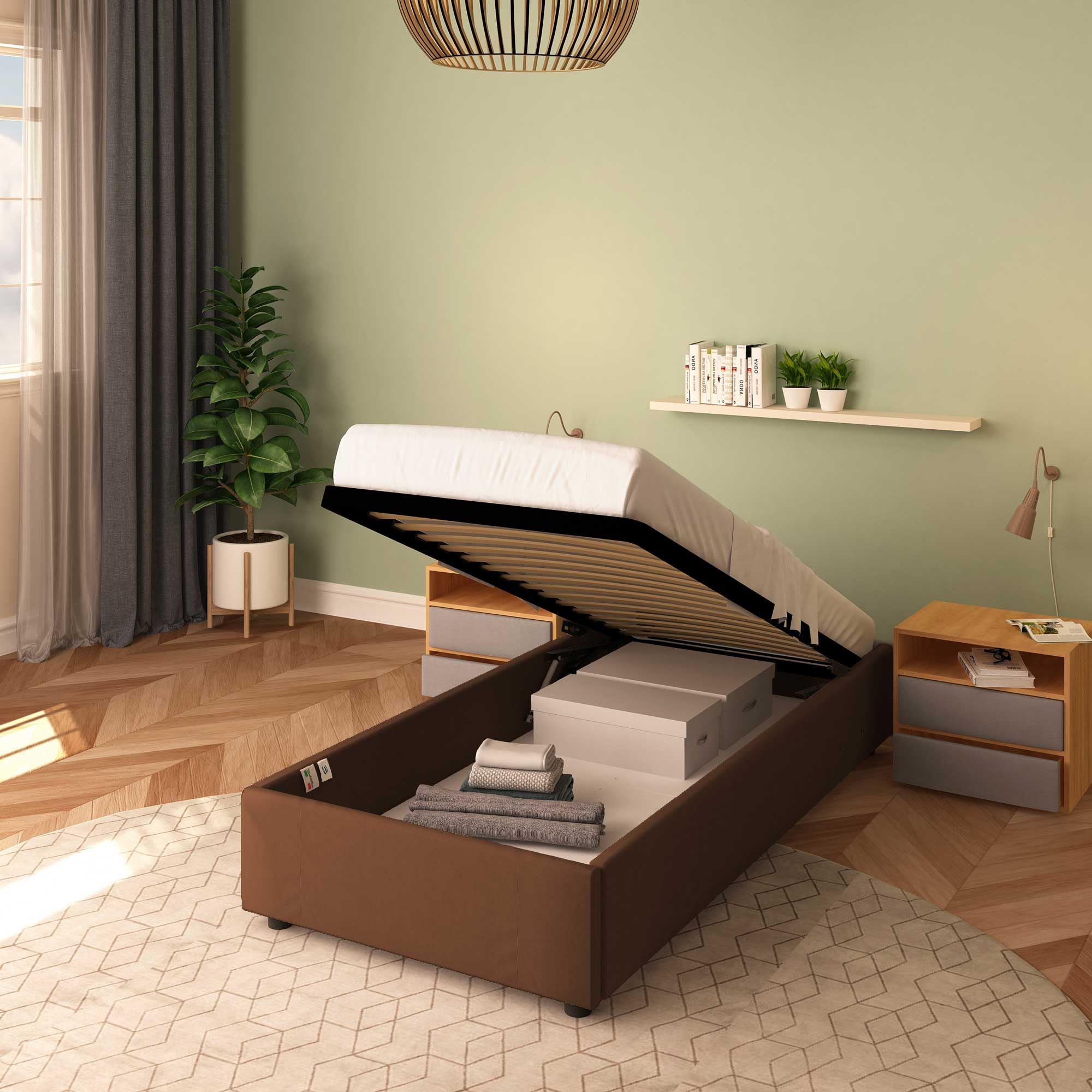 Baldiflex Cloe Square and Half Bed with Fabric Storage, No Headboard, Slatted Base for Mattresses, 100 x 200 cm, Brown - Perfect for Small Bedrooms, Guest Rooms, and Space-Saving Solutions