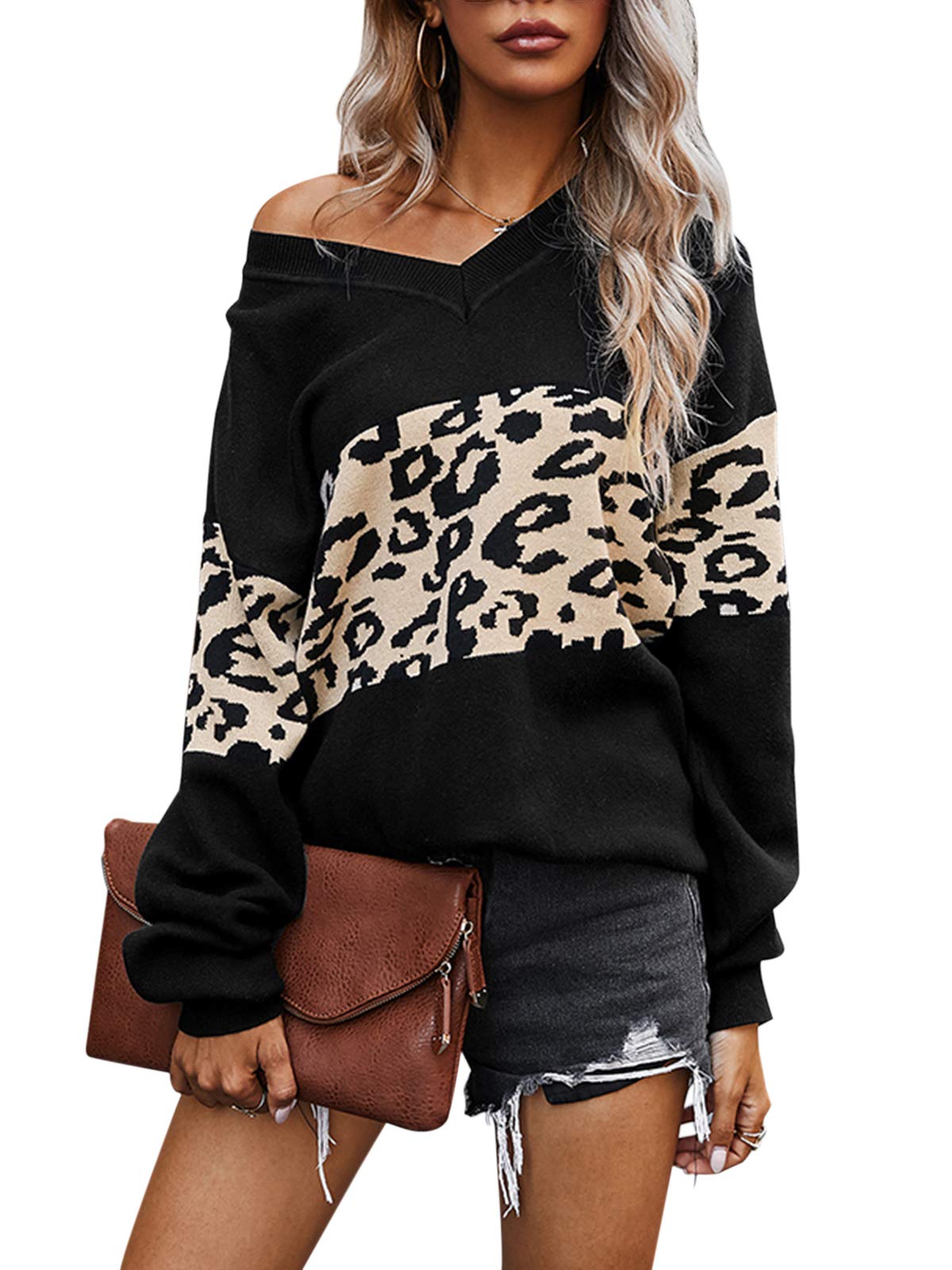 GLIENST Women's Leopard Print V-Neck Sweater - Cozy Knit Pullover for Casual Wear