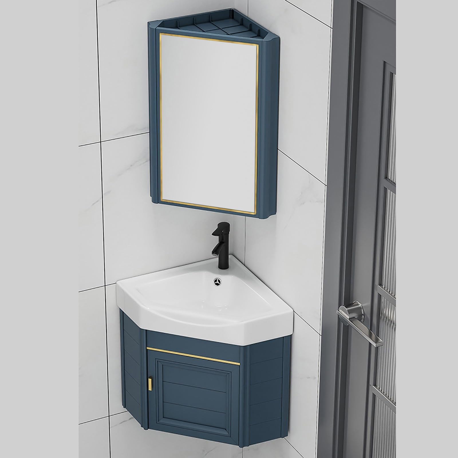 Wall-Mounted Corner Bathroom Vanity Cabinet with Mirror & Storage - 15 Inch Space-Saving Bathroom Sink for Small Bathrooms, Powder Rooms & Apartments