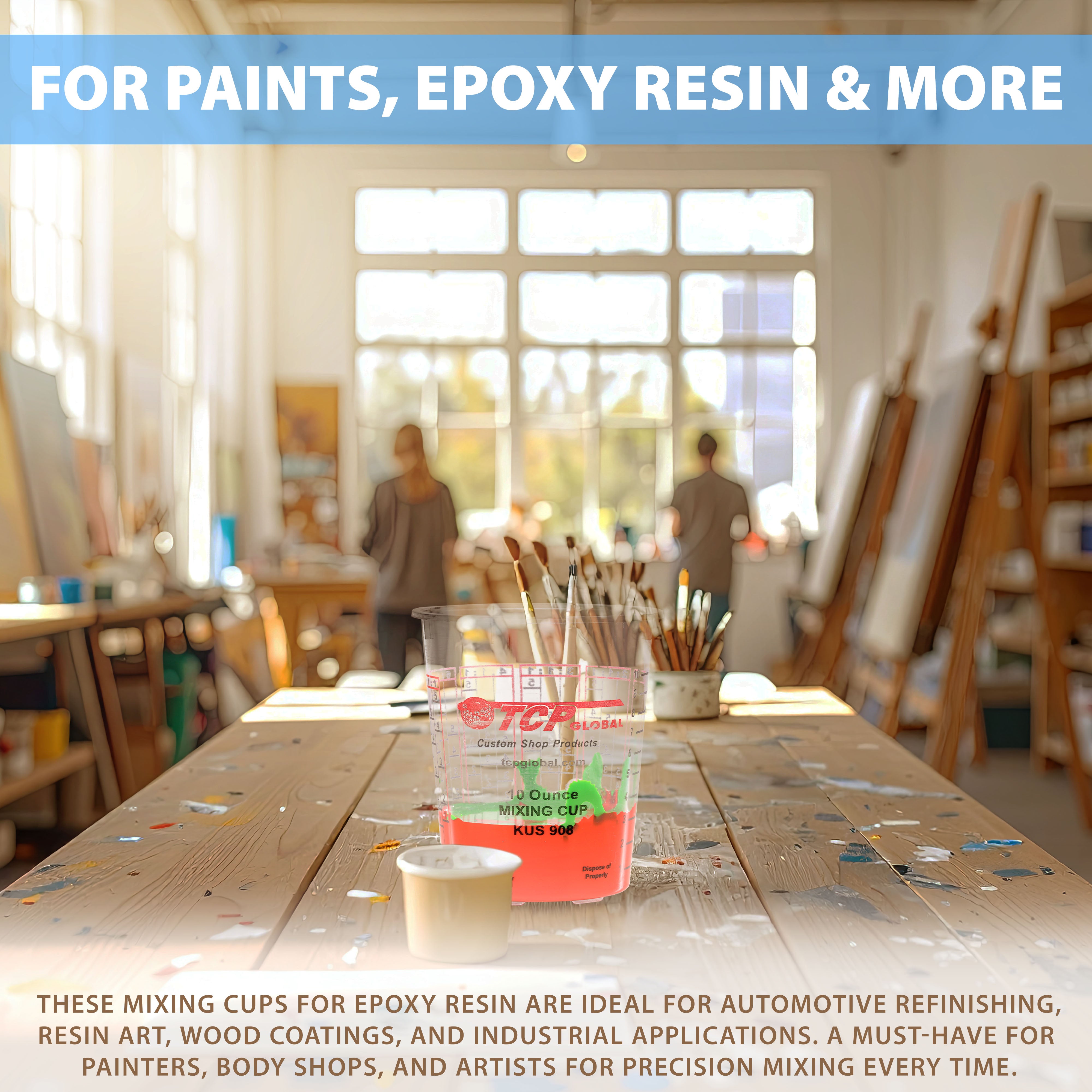 Epoxy Resin Paint Mixing Cups Kit - 10 Pack Disposable Plastic Measuring Cups with Lids, Paint Sticks, Mini Mixing Paddles, Auto Paint Strainers & Can Opener - Essential Supplies for DIY Crafts, Auto Painting & Home Improvement Projects