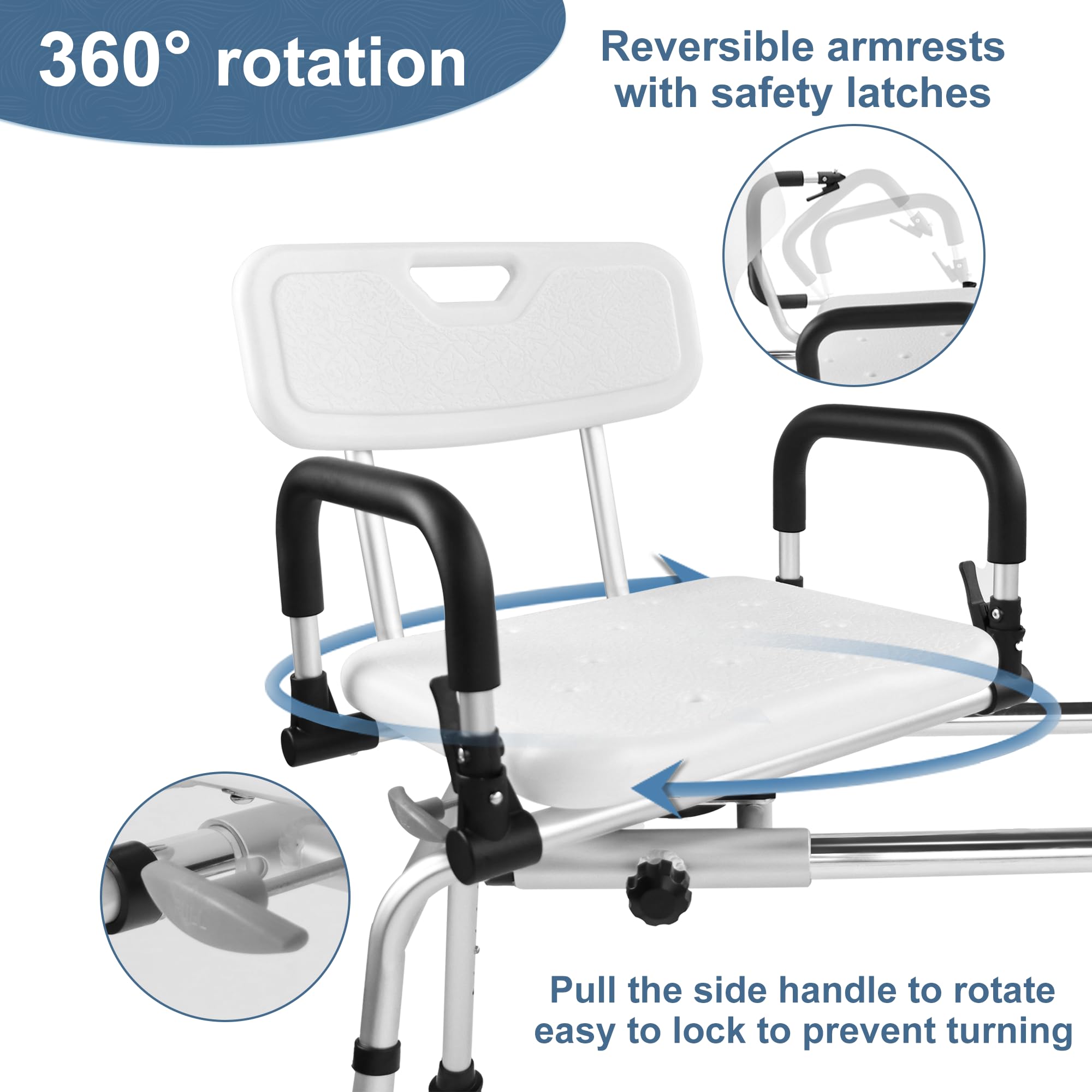 360° Swivel Shower Chair with Extra-Wide Seat - Adjustable Height Bath Transfer Bench for Seniors & Handicap (400 lbs Capacity) - Non-Slip Padded Arms for Safety - Ideal for Bathroom Mobility & Elderly Care - Silver, Large