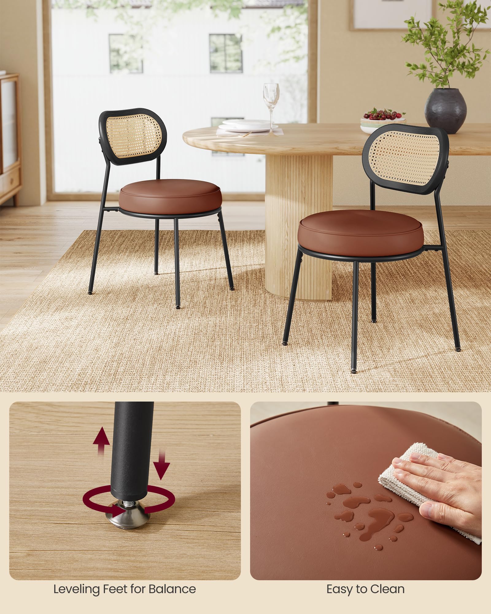 VASAGLE 4-Piece Boho Dining Chair Set with PE Rattan Back & Synthetic Leather Upholstery - Mid-Century Modern Kitchen & Living Room Accent Chairs in Coffee Brown | Perfect for Dining Rooms, Breakfast Nooks & Home Decor ULDC160K24
