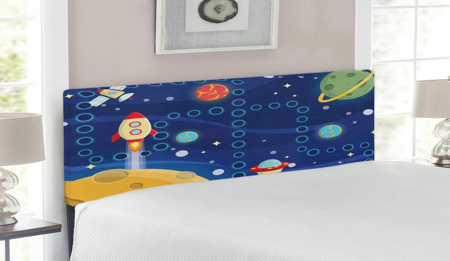 Ambesonne Cartoon Space Activity Headboard - Colorful Interplanetary Travel Racing Design, Upholstered Metal Bed Headboard with Memory Foam, Queen Size, Multicolor - Perfect for Kids' Bedrooms, Themed Nurseries & Space Enthusiast Decor