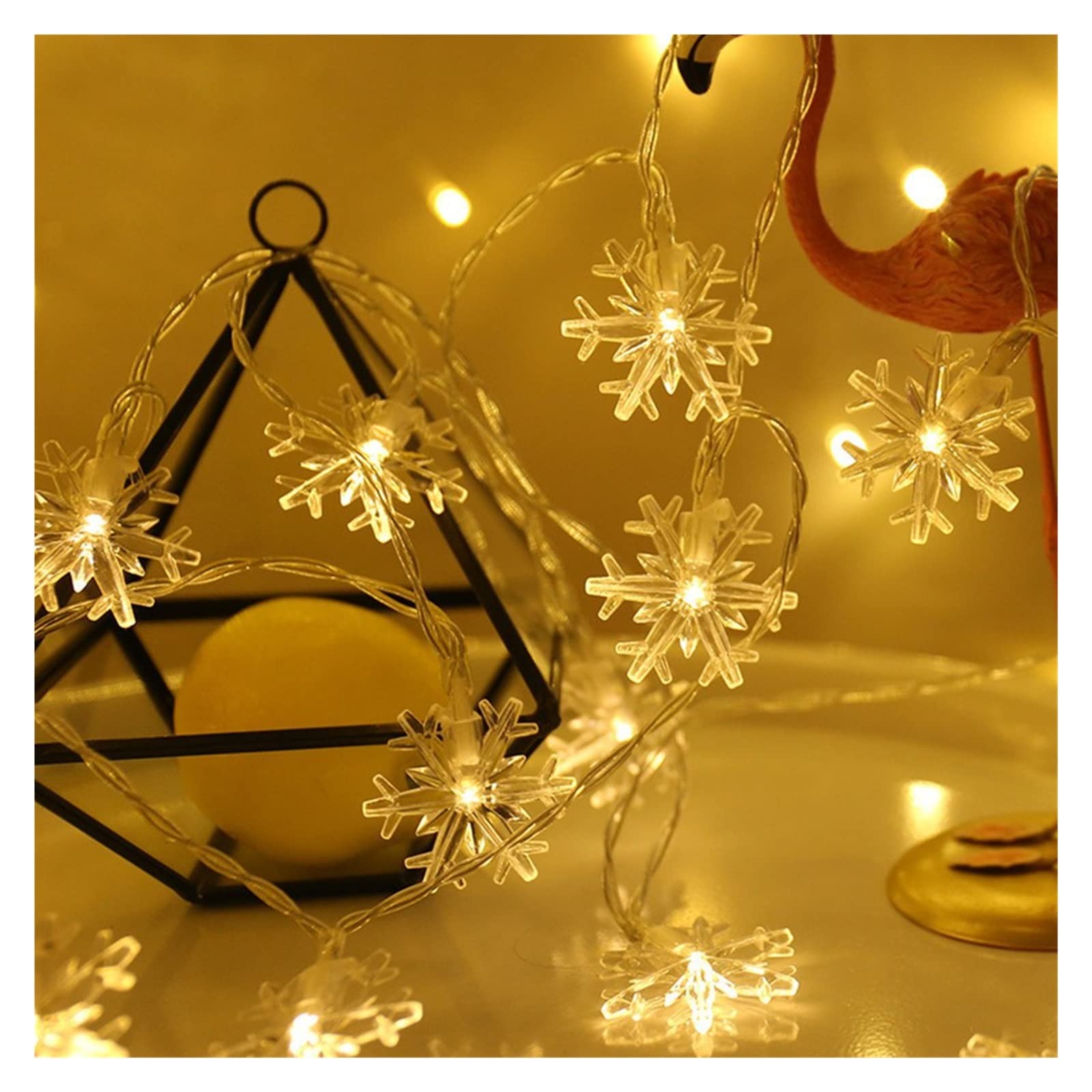 40LED Snowflake String Lights 6m - Warm White Christmas Decorations, Battery Operated for Indoor/Outdoor Use - Perfect for Holiday, Halloween, Cafe, Bar, Wedding & Party Decor