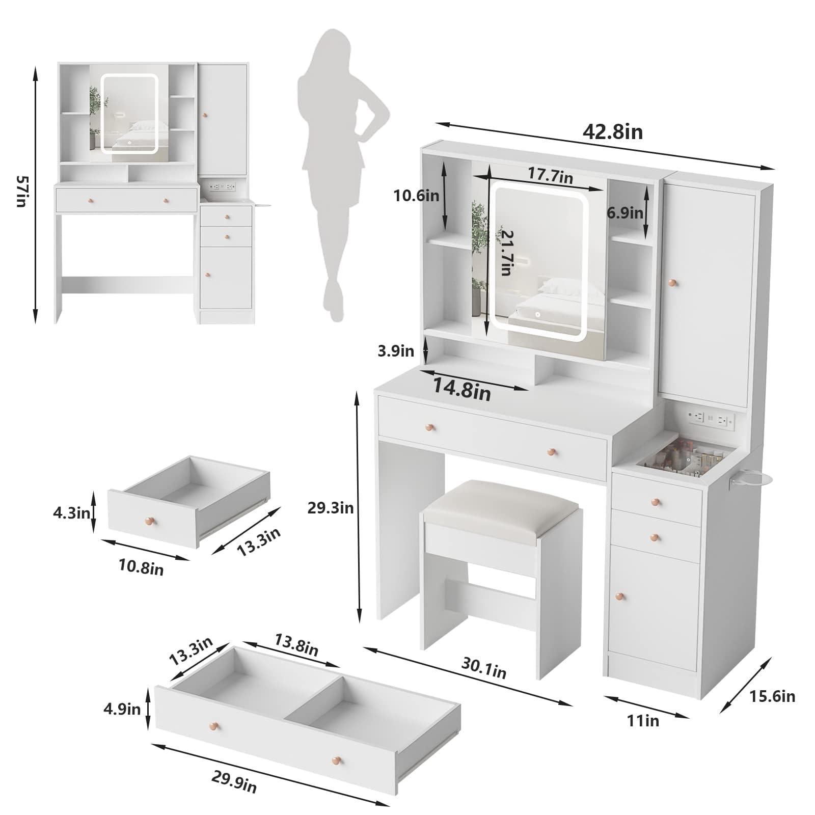 White Vanity Desk with Mirror & LED Lights - Makeup Vanity Table with 3 Drawers, Storage Cabinets, Charging Station & Sliding Door - Perfect for Bedroom, Dressing Room & Home Office Organization