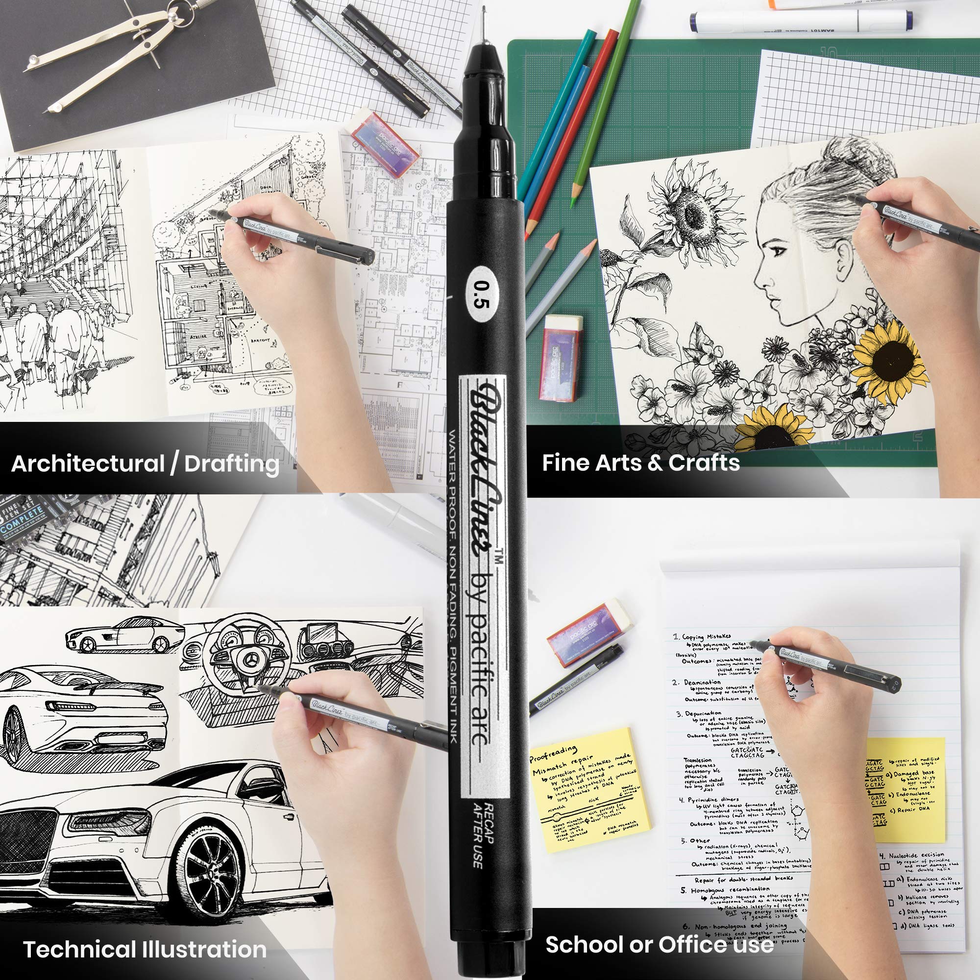 Pacific Arc Blackliner Black Fineliner Pens - 4-Piece Set with Different Nib Sizes for Drawing, Sketching, Journaling & Calligraphy | Ideal for Artists, Hand Lettering & Bullet Journaling