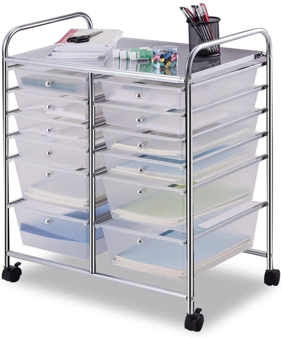 FANTASK 12-Drawer Rolling Storage Cart with Wheels - Multipurpose Organizer Utility Trolley for Tools, Scrapbook Paper, School, Office, Home & Beauty Salon (Clear) - Perfect for Craft Rooms, Workshops, Salon Stations & Closet Organization
