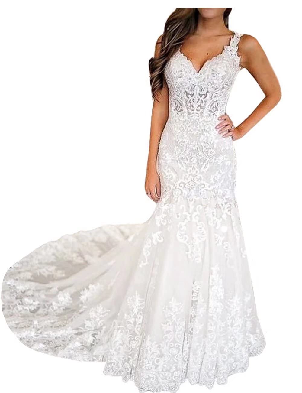 Elegant Lace Mermaid Wedding Dress for Bride 2024 - Long Sleeve Sweep Train Bridal Gown | Perfect for Beach, Church, and Formal Wedding Ceremonies
