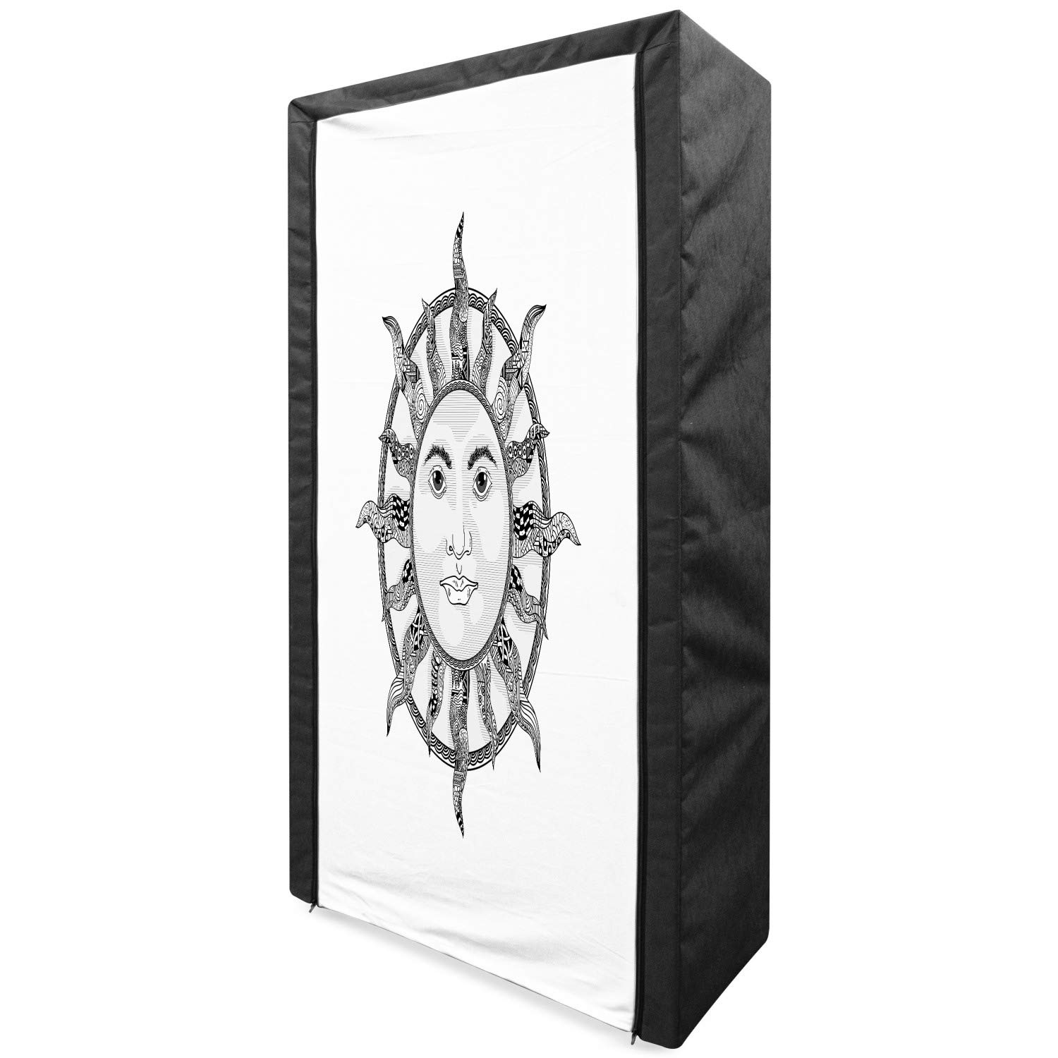 Ambesonne Sun Portable Fabric Wardrobe - Black & White Zentangle Design with Human Face Pattern, 33.5 Inch Closet Organizer with Shelves for Bedroom, Closet, Dorm or Travel Storage | Space Saving Clothing Storage Solution