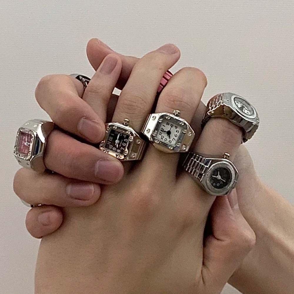 Unisex Metal Watch Ring - Elastic Strap, Quartz, Alloy Jewelry for Men & Women - Black - Perfect for Casual & Formal Wear