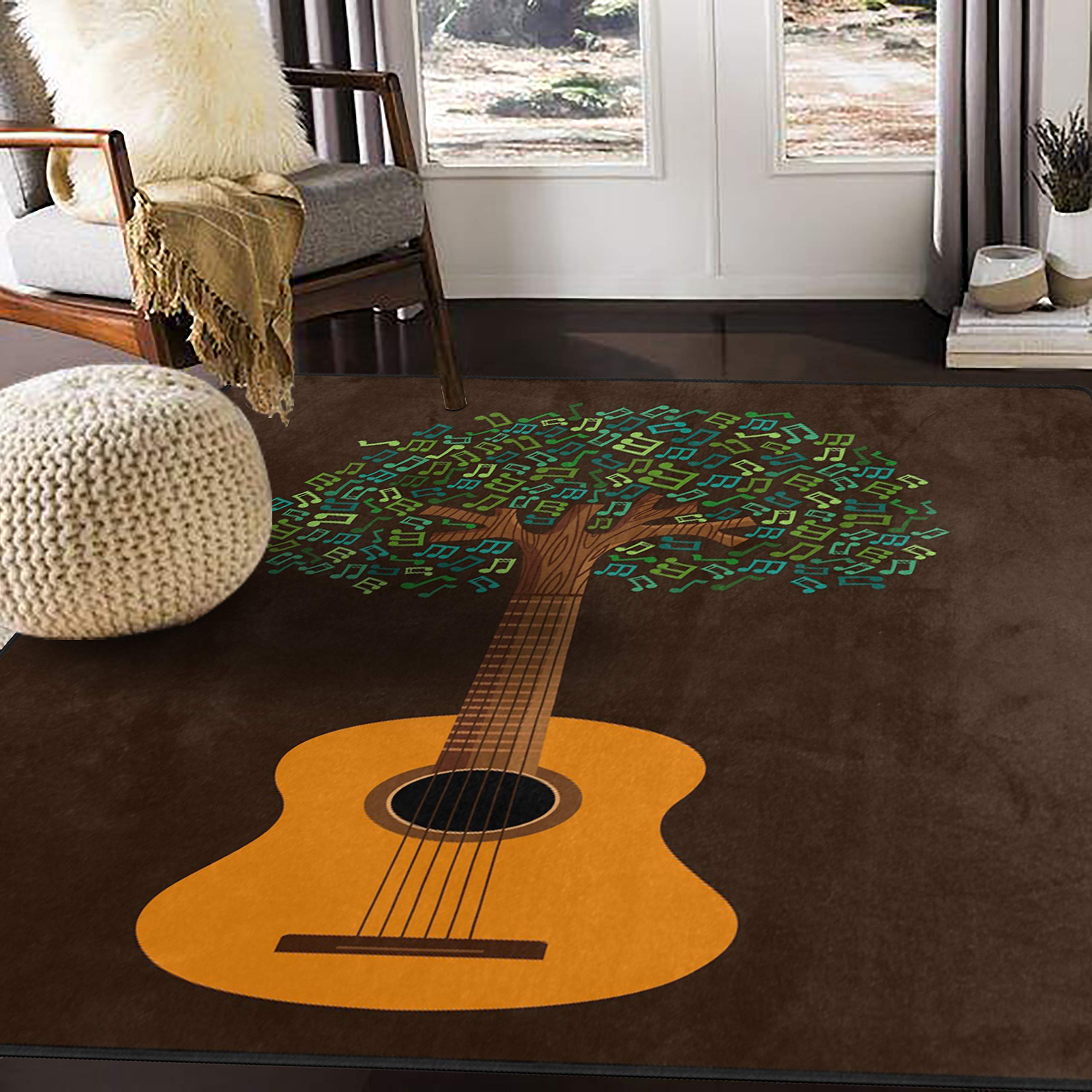 ALAZA Guitar Tree with Musical Note Area Rug - 7' x 5' Non-Slip Floor Mat for Living Room, Bedroom, Music Studio - Perfect for Home Decor, Musician Gifts & Soundproofing