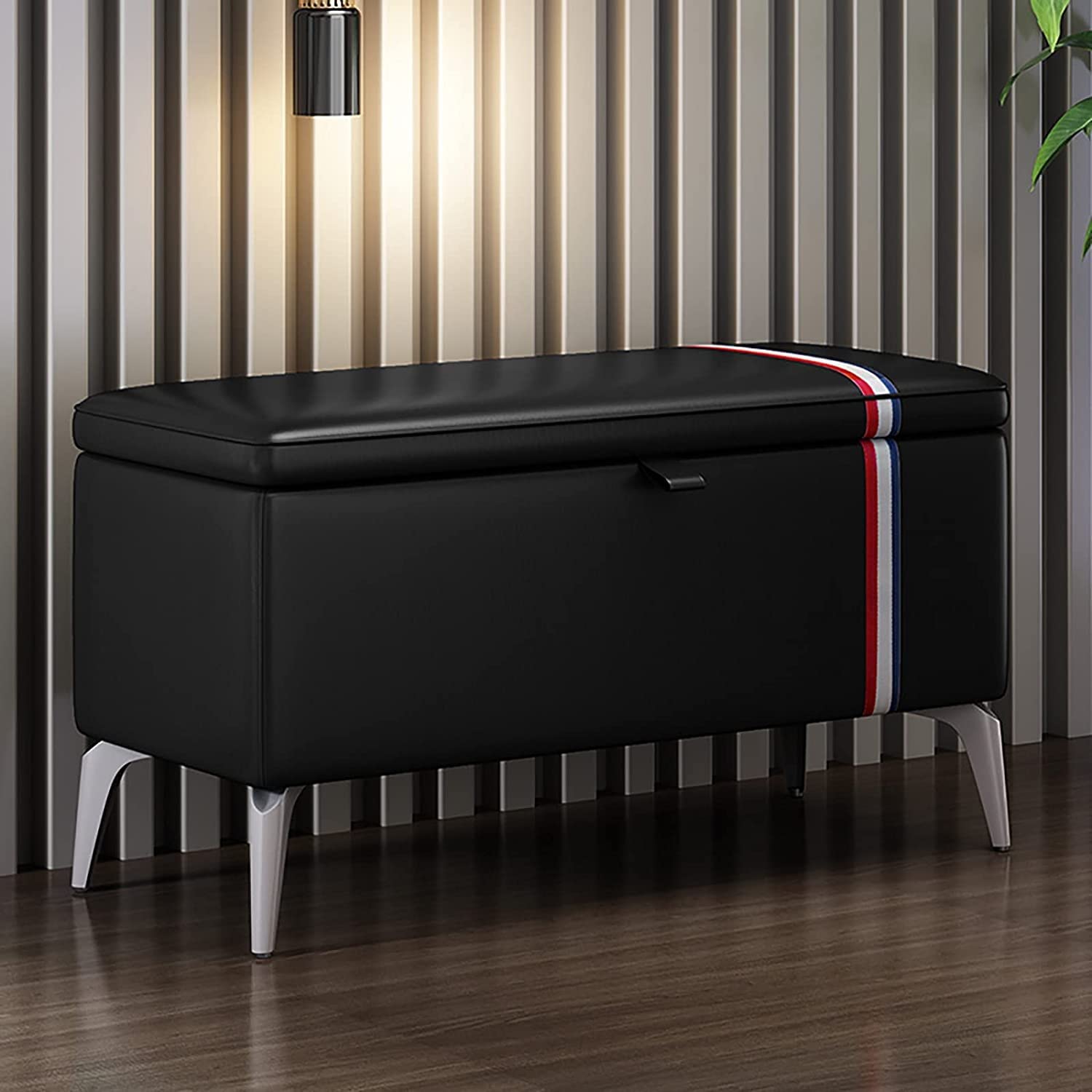 Modern Leather Storage Ottoman Bench - Rectangle Entryway Shoe Bench with Padded Seat, Solid Wood Storage Trunk, Multifunctional Storage Bench (Black, 70x35x45cm) - Perfect for Living Room, Bedroom, Entryway Organization & Extra Seating