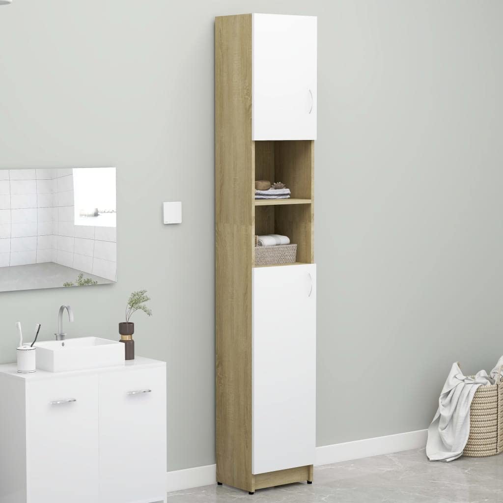 White & Brown Wooden Bathroom Storage Cabinet with 2 Doors & 2 Open Shelves - Free Standing Tall Slim Medicine Cabinet for Bathroom, Bedroom, Living Room Organization