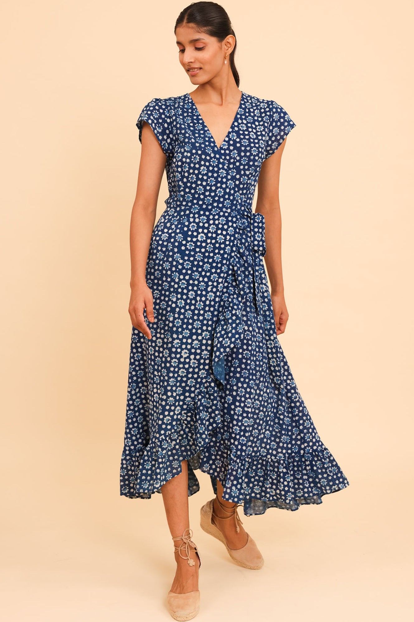 Demi Organic Cotton Wrap Dress for Women - Navy Blue Flowy Boho Maxi Dress for Beach, Vacation & Summer Outfits