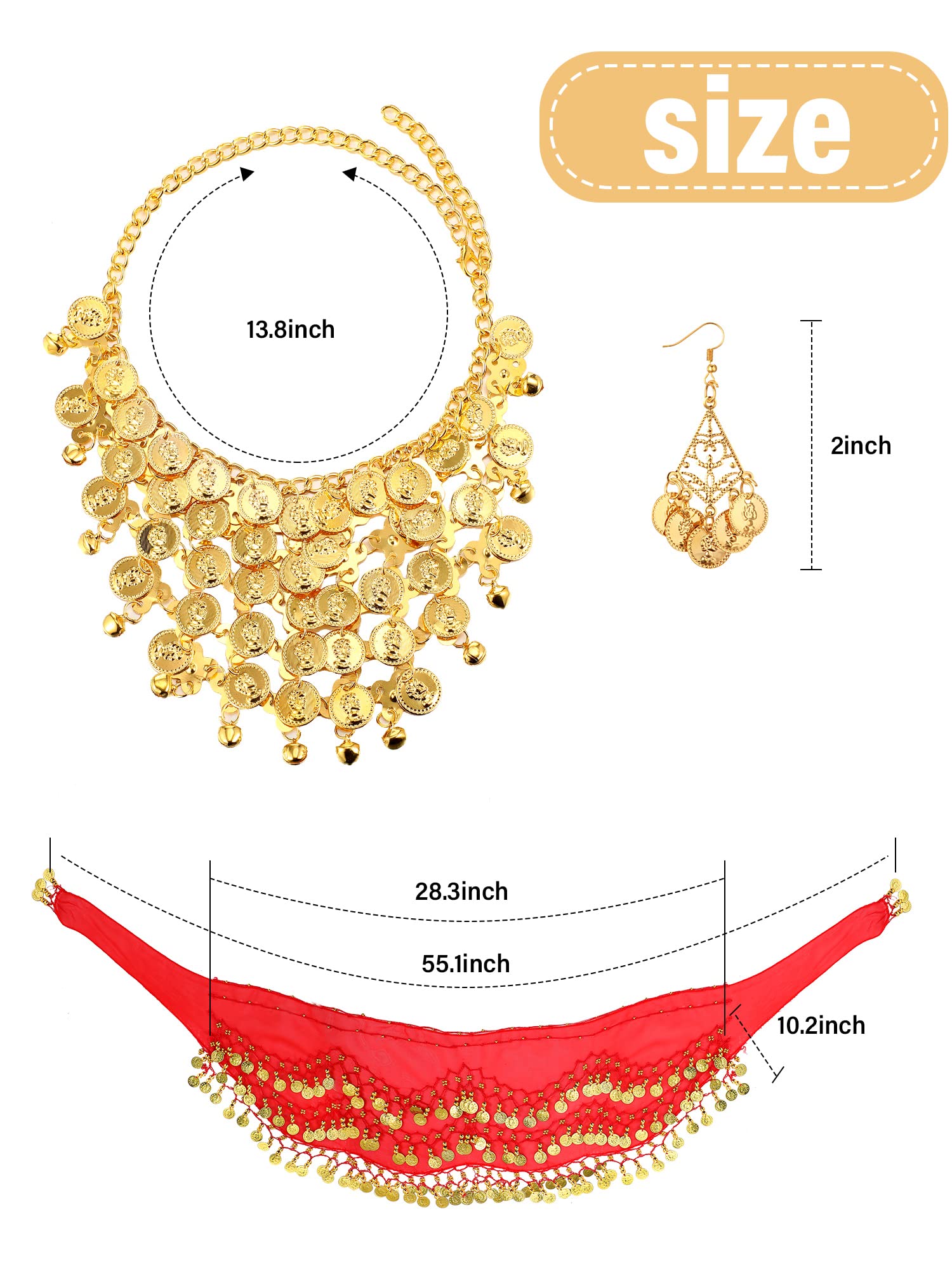 Hicarer Women's Belly Dance Costume Set - Gold Hip Scarf Wrap Belt, Necklace & Earrings for Gypsy, Cosplay, Halloween and Performance