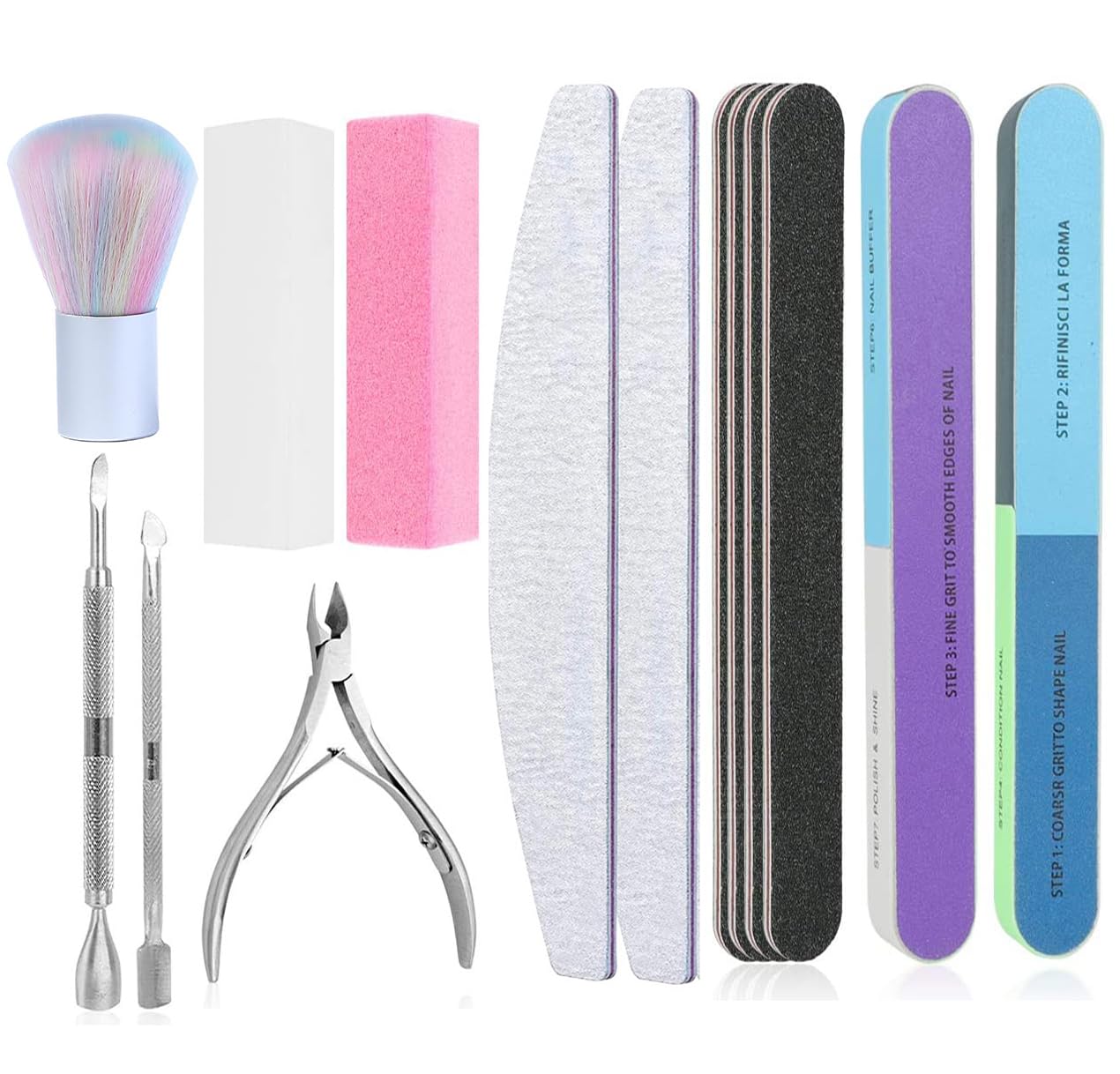 14-Piece Professional Nail Care Kit with Nail Files, Buffer Blocks, Cuticle Nipper, Pusher & Nail Brush - Complete Manicure & Pedicure Set for Home Salon & Professional Use
