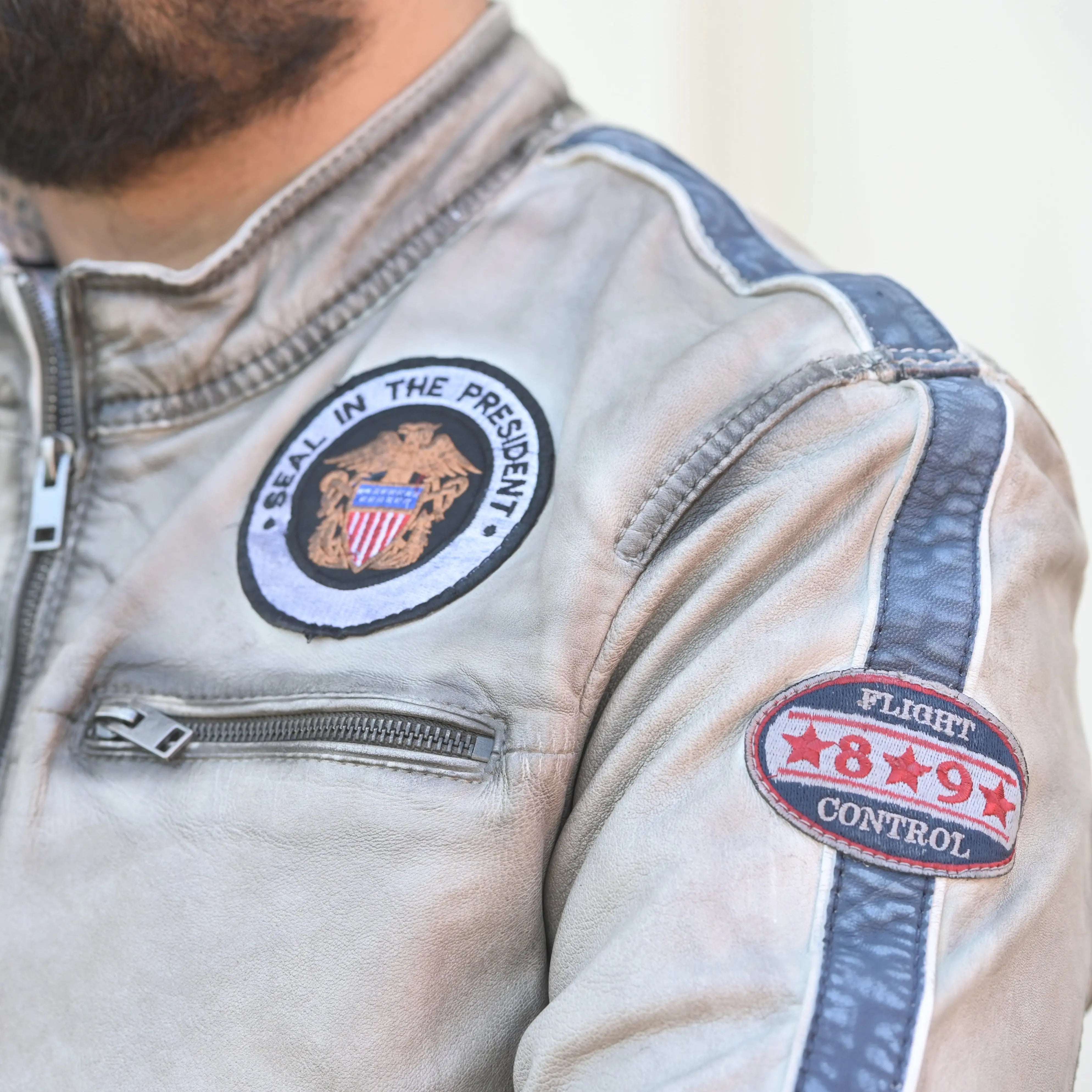 Men's Vintage Biker Leather Jacket with Embroidered Patches & 4 Zip Pockets - Cool Motorcycle Riding & Casual Outfit for Men