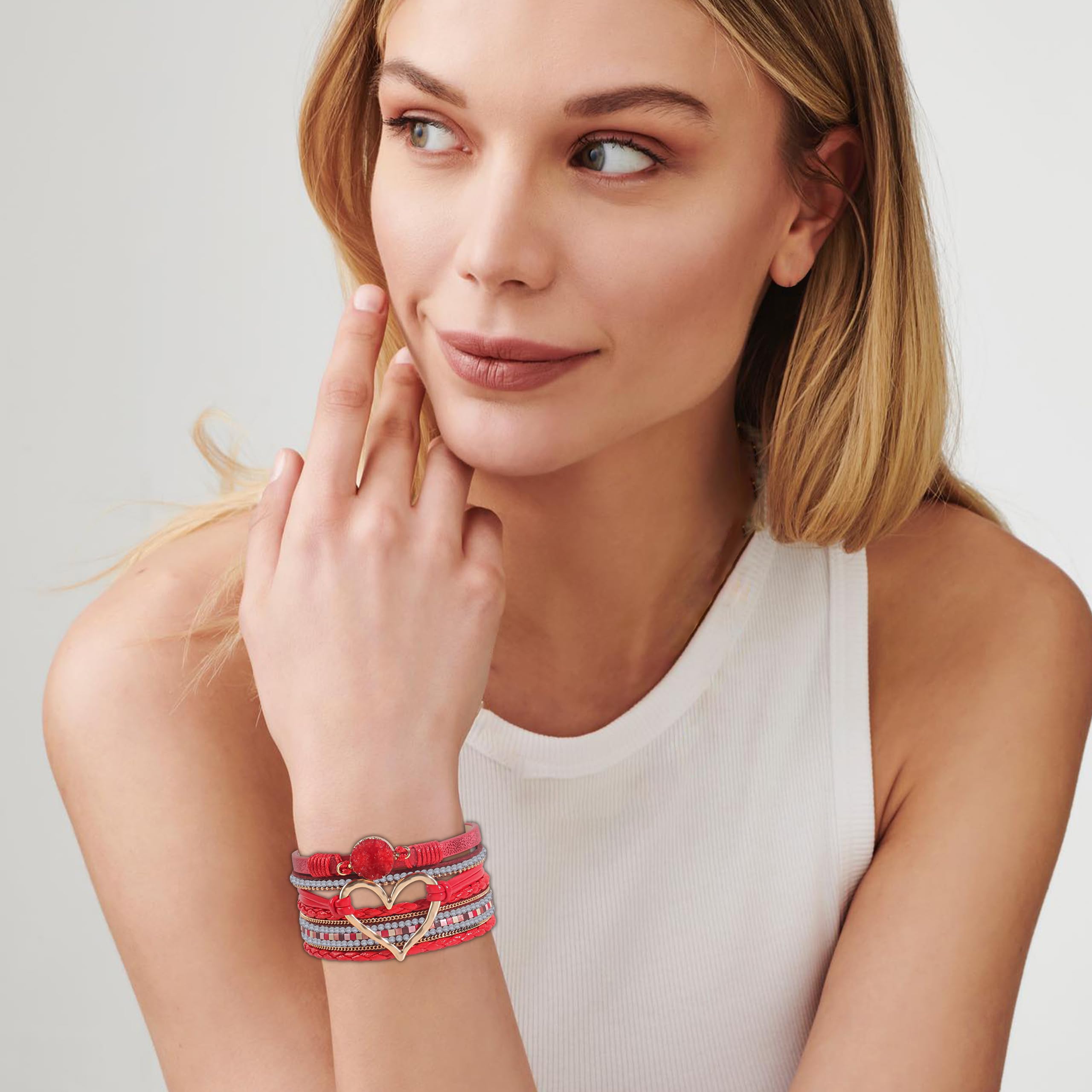 Stylish Heart Bracelets for Women - Boho Leather Wrap Bracelets, Trendy Layered Chunky Stackable Jewelry, Perfect Valentine's Day Gifts for Her | Great for Everyday Wear, Gift Giving & Special Occasions | Ideal for Date Nights, Office Wear & Boho Fashion Outfits