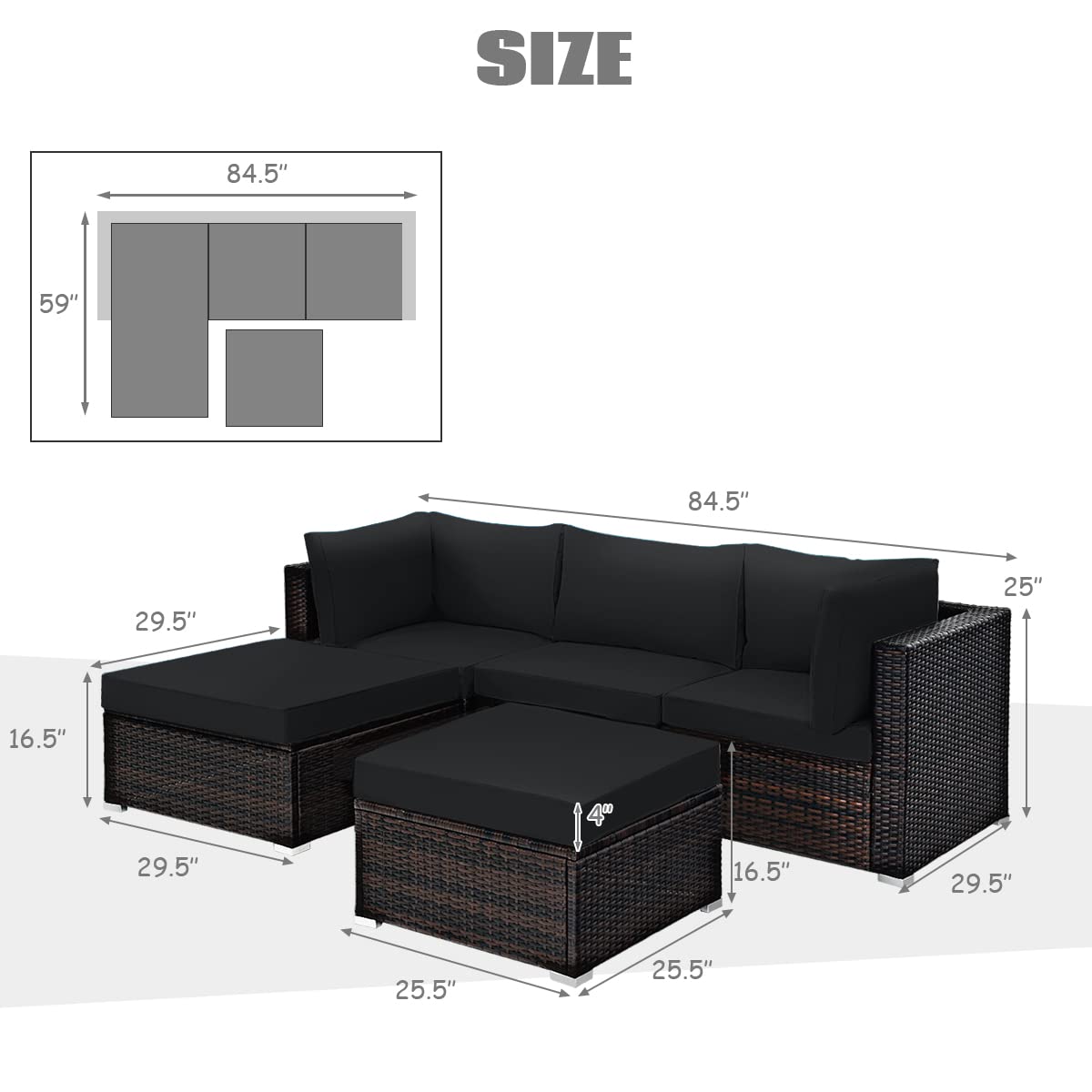 HAPPYGRILL 5-Piece Patio Furniture Set - Outdoor/Indoor Rattan Sectional Sofa with Anti-Slip Foot Pads, PE Wicker Conversation Set Includes 2 Ottomans & Cushions - Perfect for Backyard, Porch, Garden, Poolside Relaxation & Entertaining