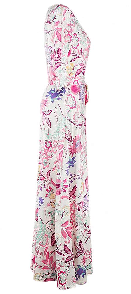 Afibi Women's Bohemian 3/4 Sleeve Faux Wrap Maxi Dress with Belt - Flowy Summer Beach Dress for Vacation, Date Night & Casual Wear