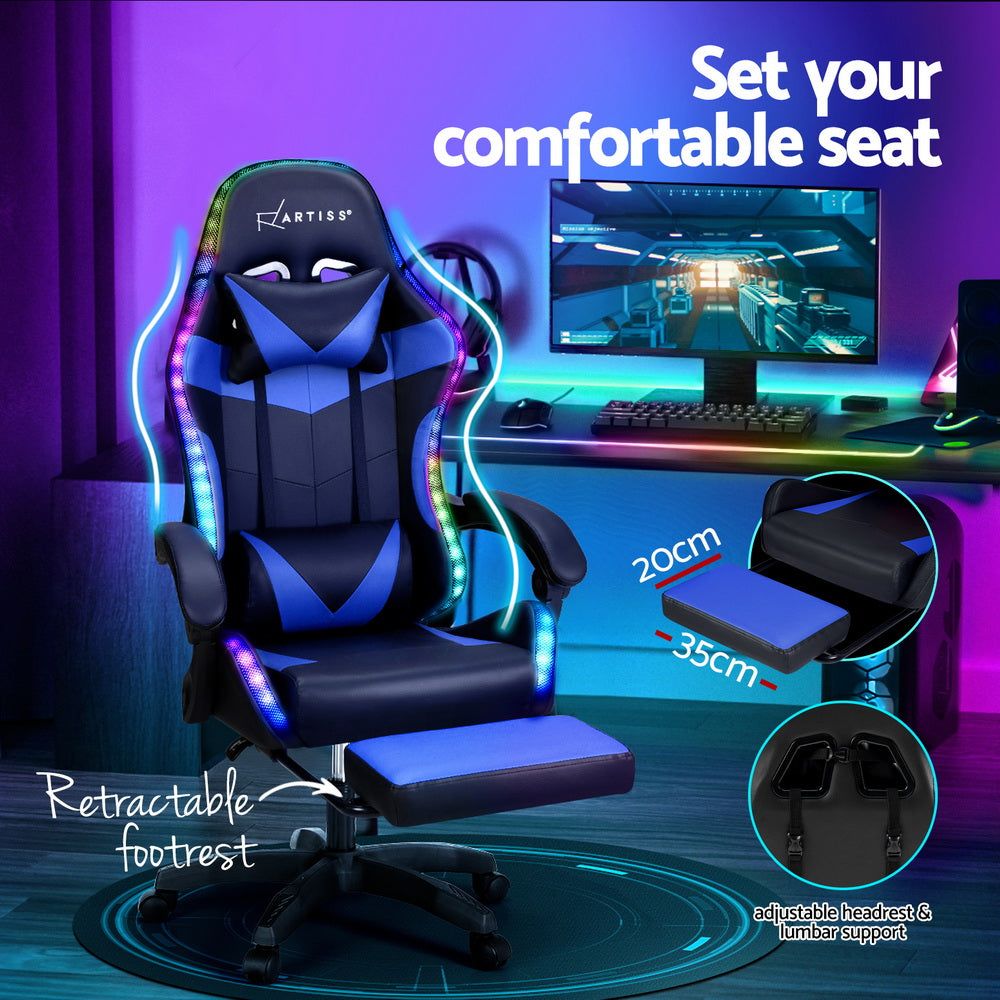 Artiss Ergonomic Gaming Chair with 6-Point Massage, Adjustable LED Footrest - Blue - Perfect for Office, Gaming & Home Relaxation