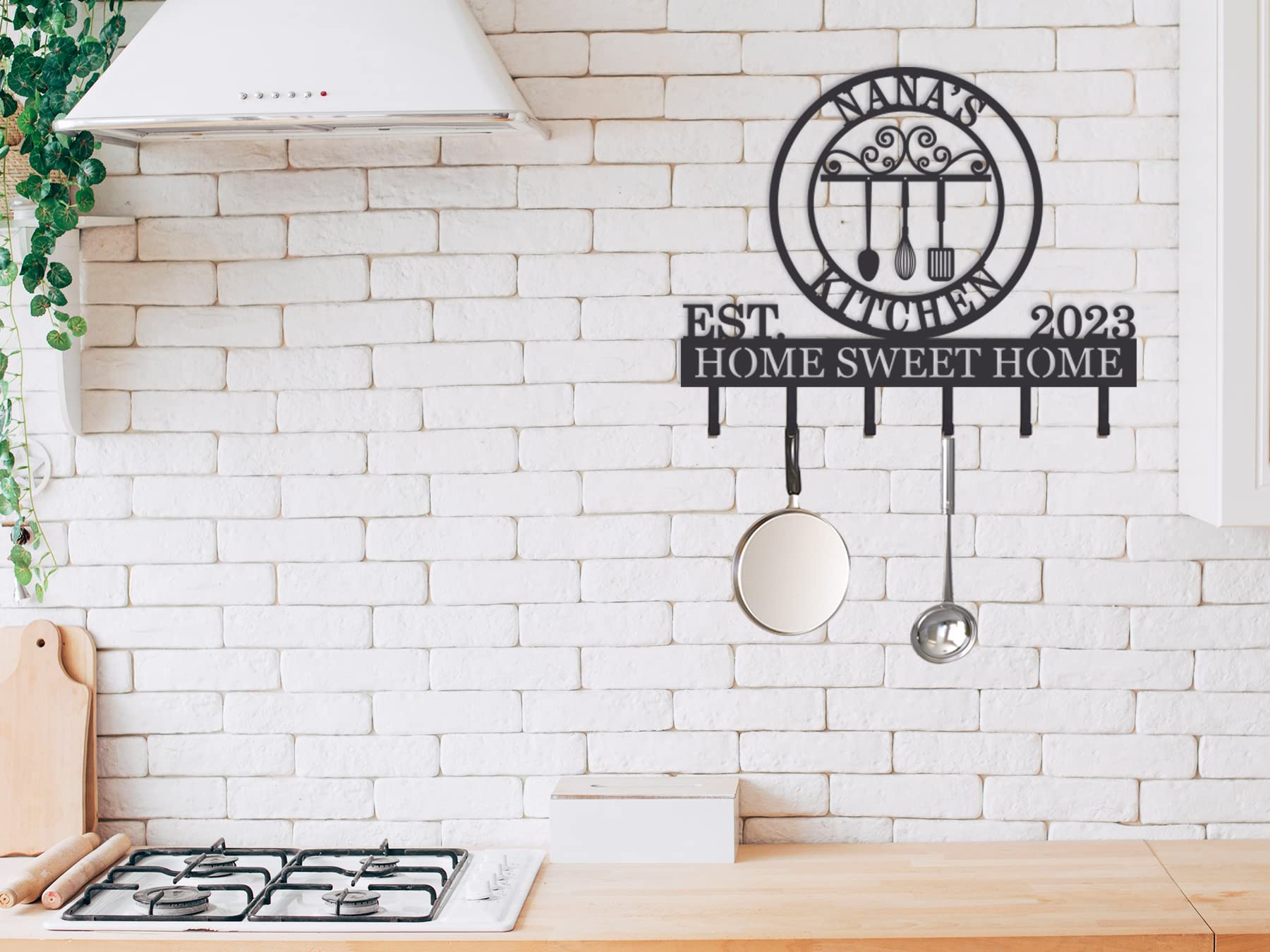 Farmhouse Style Personalized Metal Kitchen Utensil Rack with Custom Name - Wall Mounted Utensil Holder & Organizer with Hooks - Perfect for Rustic Kitchens, Small Spaces & Cooking Enthusiasts