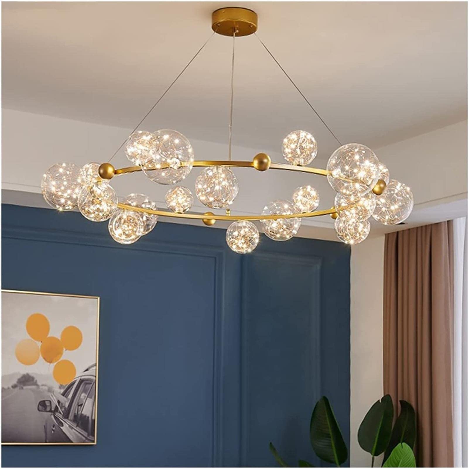 Modern Gold/Black LED Chandelier with Clear Glass Bubbles - Star Light Fixture for Living Room, Dining Room, Bedroom - Warm White Lighting - Elegant Home Decor for Parties & Romantic Dinners (B-15 Bubbles)