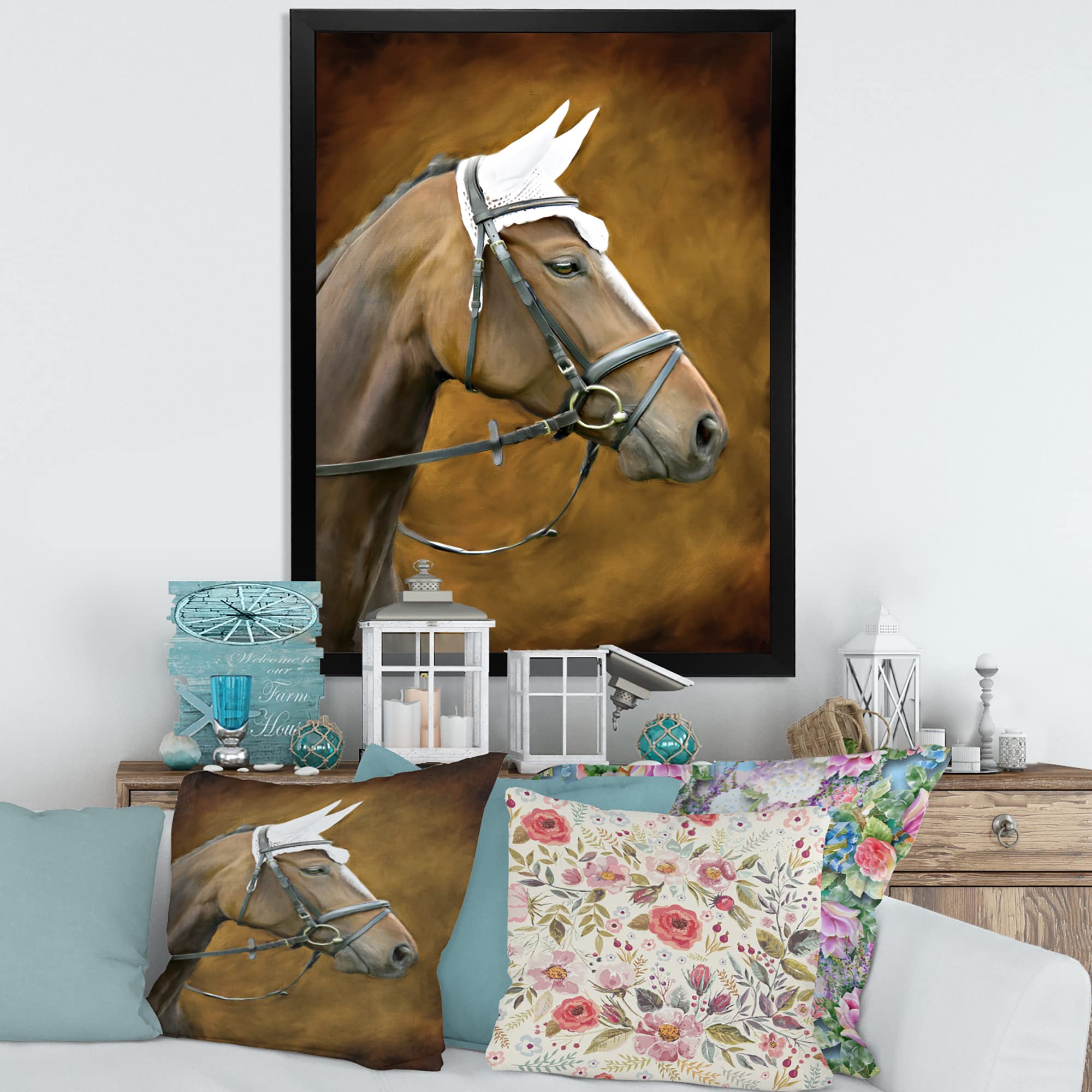 Brown Horse with White Ears Portrait - Farmhouse Framed Wall Art Decor for Living Room, Bedroom & Office