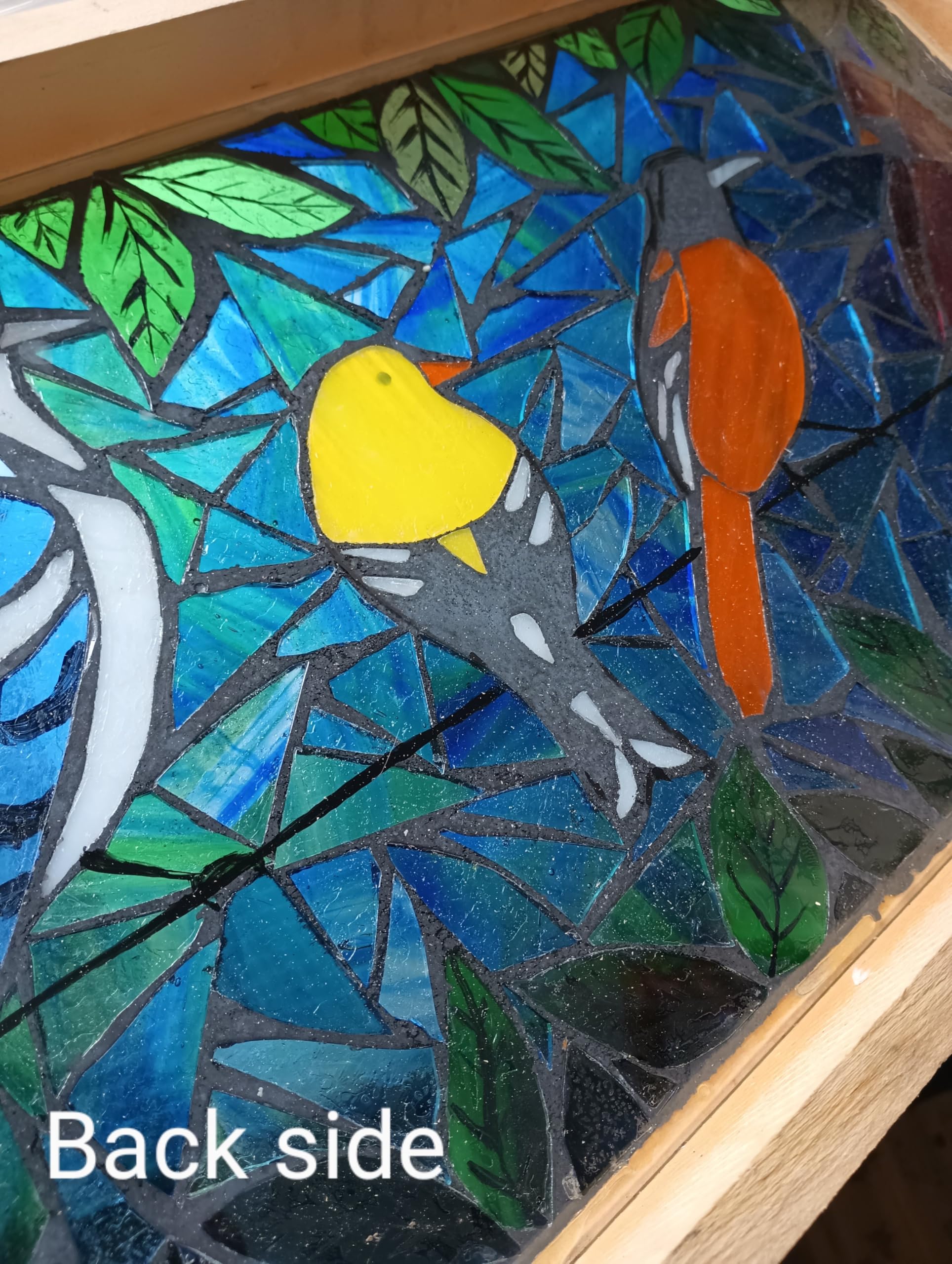 Handmade Stained Glass Mosaic Panel - Birds on Wire Design - Perfect for Window Decor, Wall Art & Home Décor
