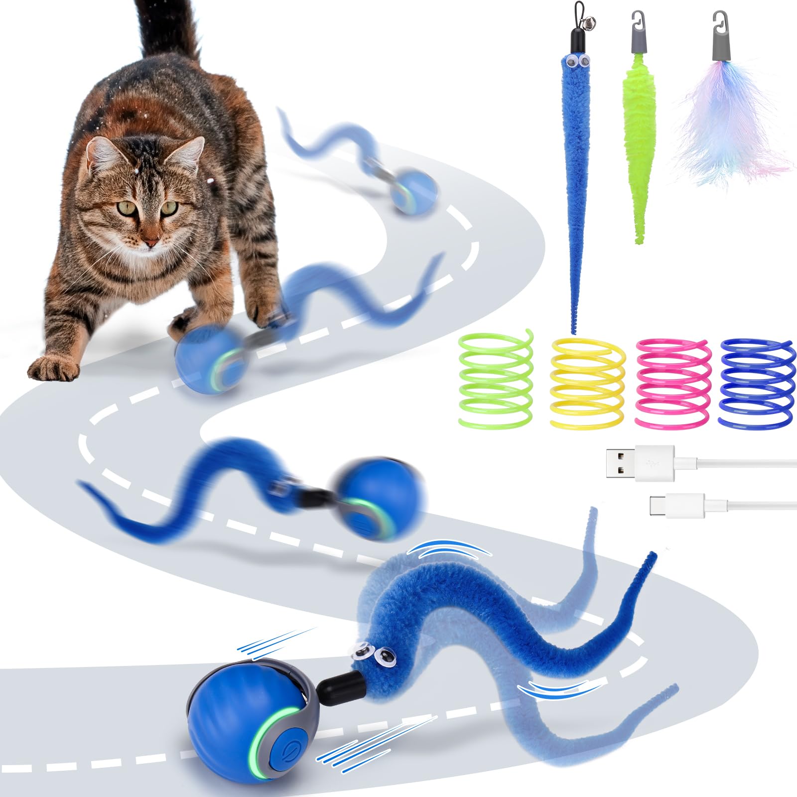 AIERSA Automatic Cat Toy - Interactive Self Play with 3 Tails for Indoor Cats (Blue) - Perfect for Bored Adult Cats